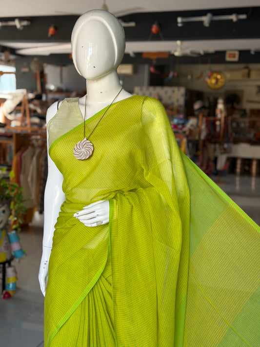 Lime n lemony yellow green soft handwoven mul cotton fine checks saree