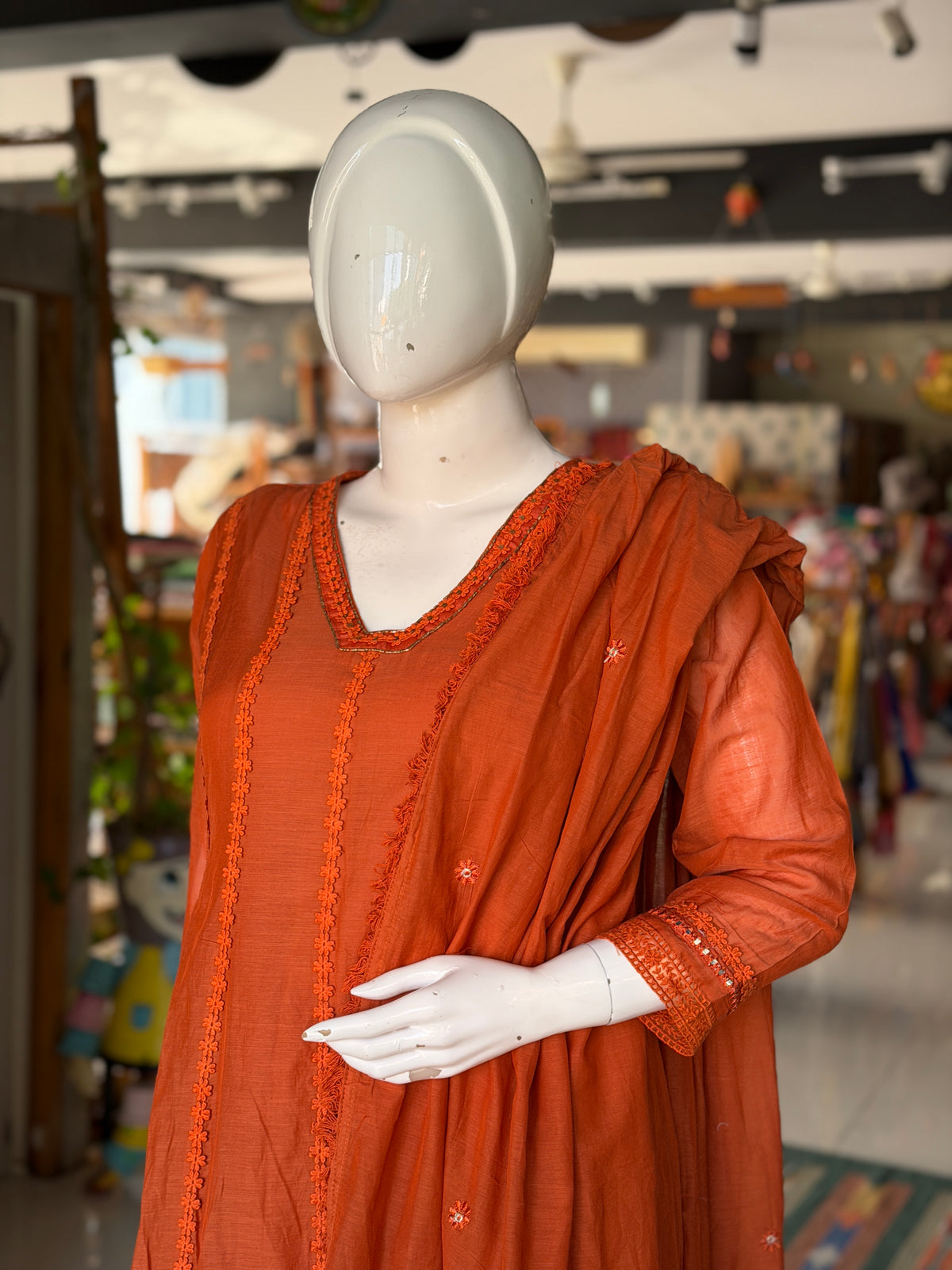Rust Orange mul chanderi silk 3 piece set: a-line kurti, pants n dupatta