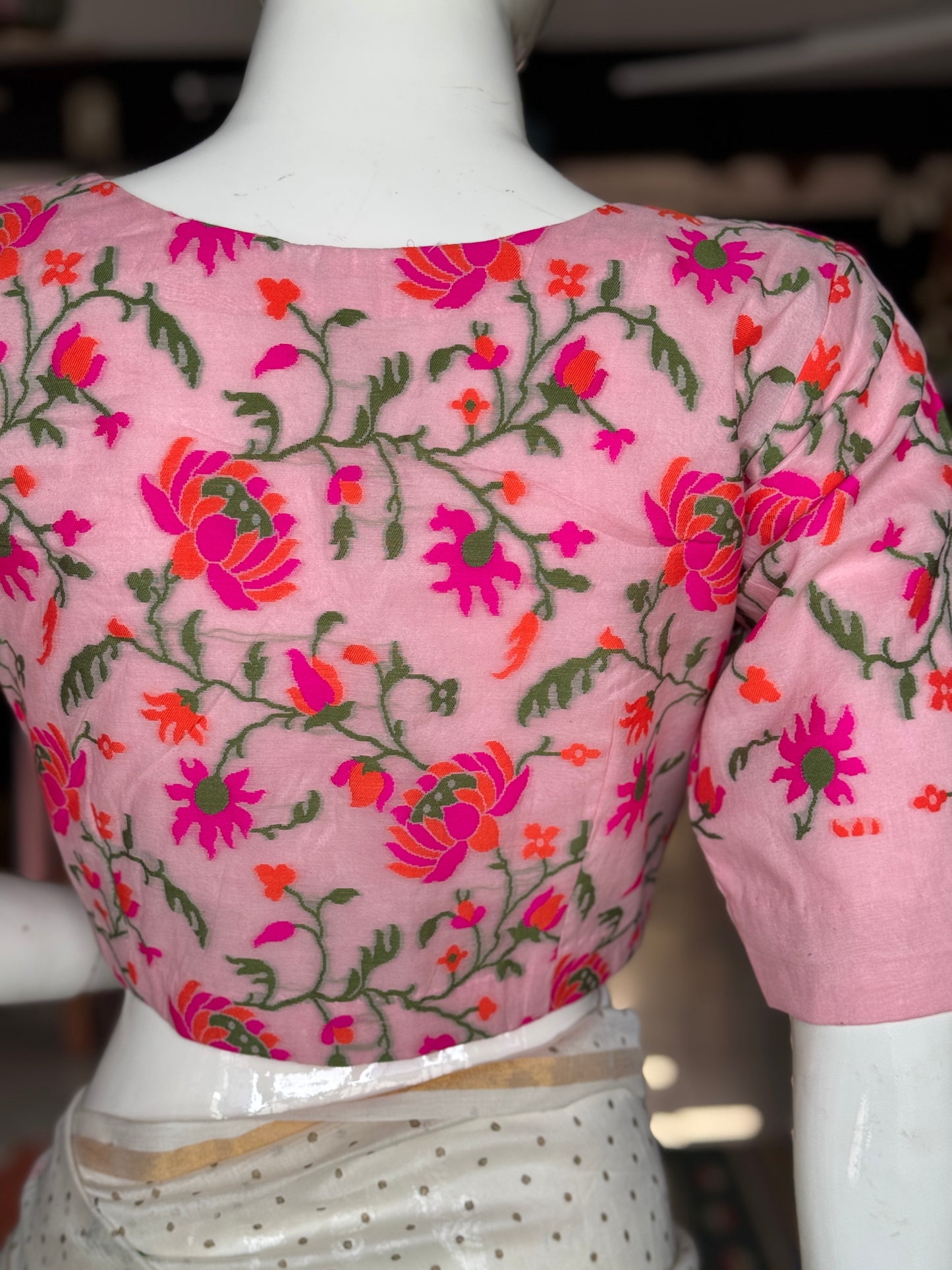 Pink Banarasi floral cotton blouse - front open, with lining