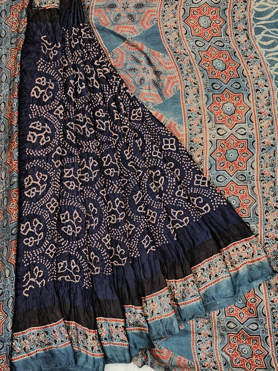 Bandini, Ajrakh silk saree - natural dyed, hand block printed Ajrakh paired with with fine Bandini on soft Gajji silk