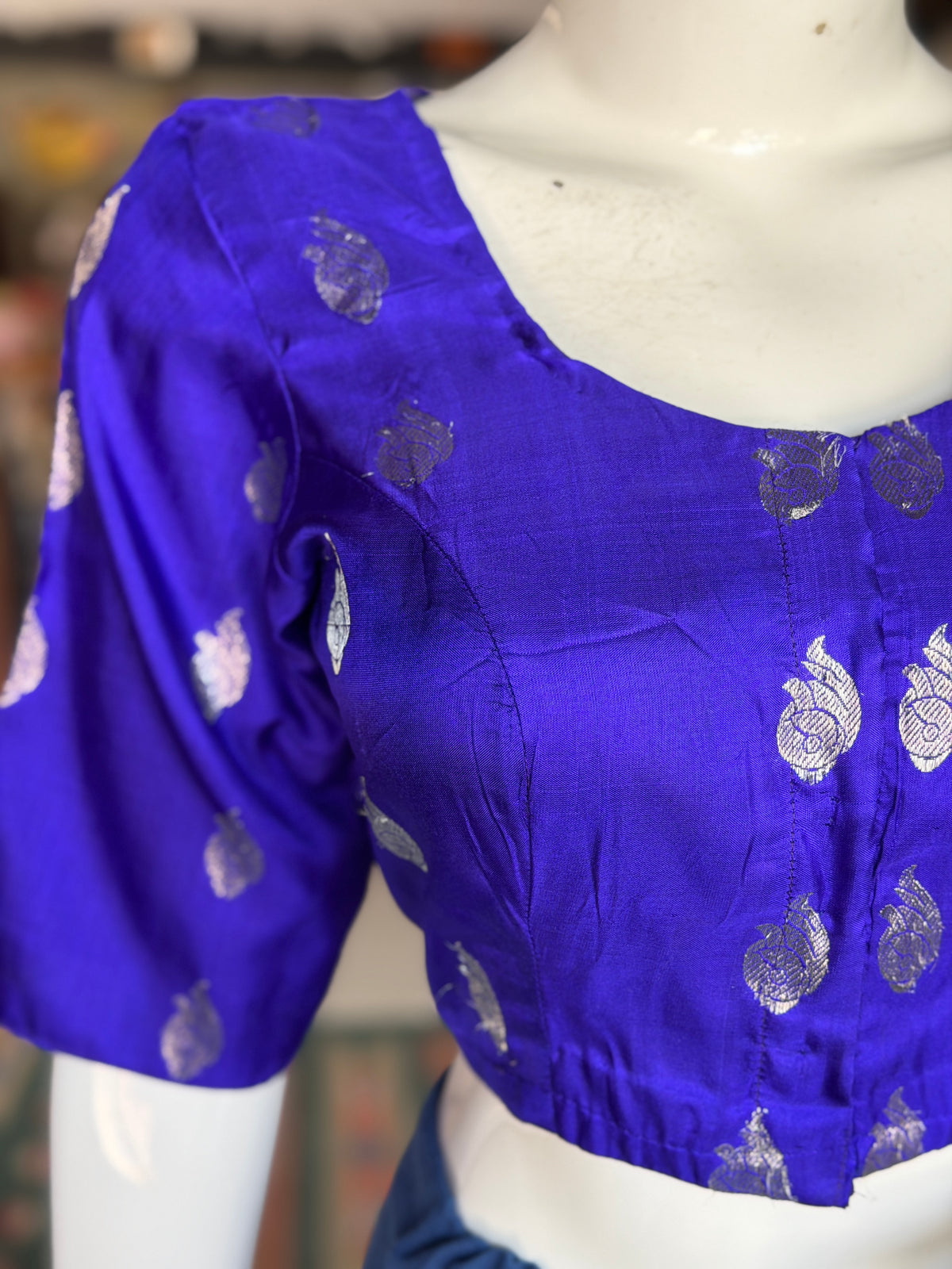 Royal blue pure silk Venkatagiri handloom elbow sleeves princess cut front open blouse