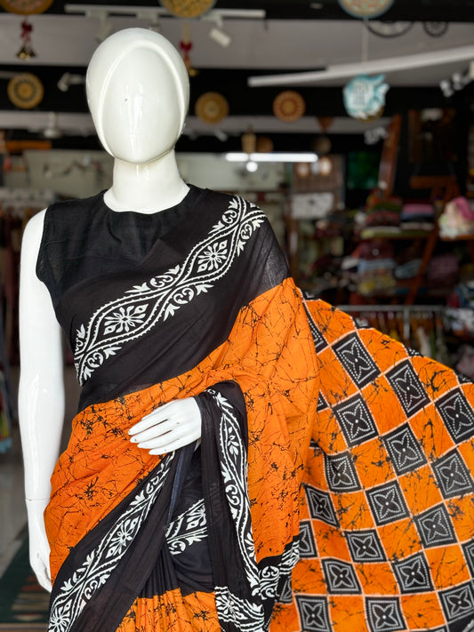 Orange and black hand block print soft mul saree