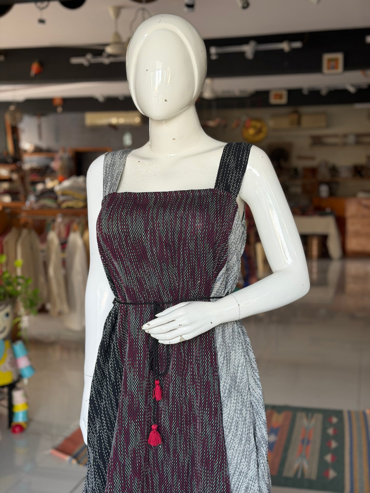 Grey and black panels kantha look cotton hand spun, hand woven playful strappy dress with pockets
