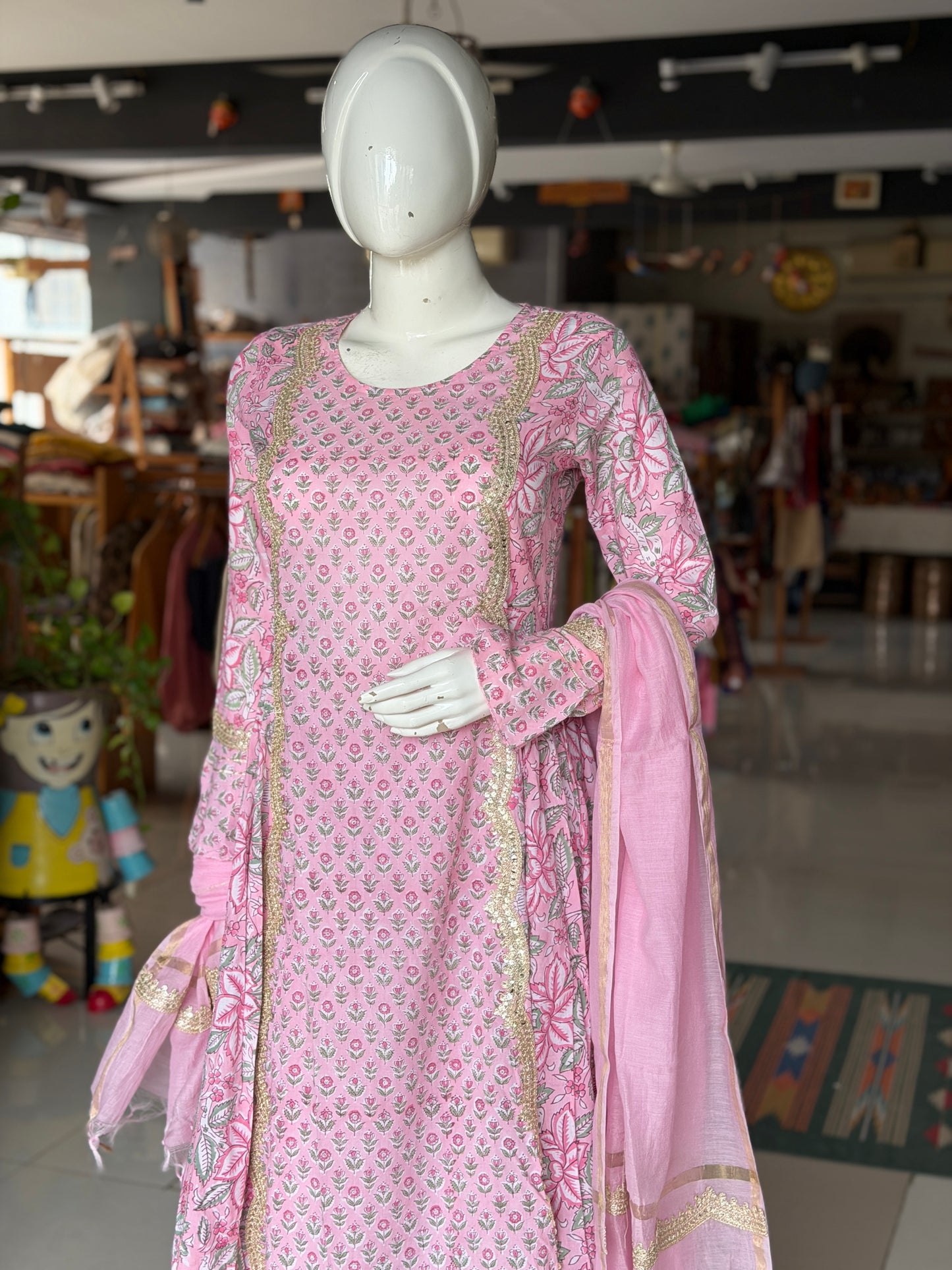 Pink floral hand block print with lace detailing flared kurti, pants and dupatta - 3 piece set