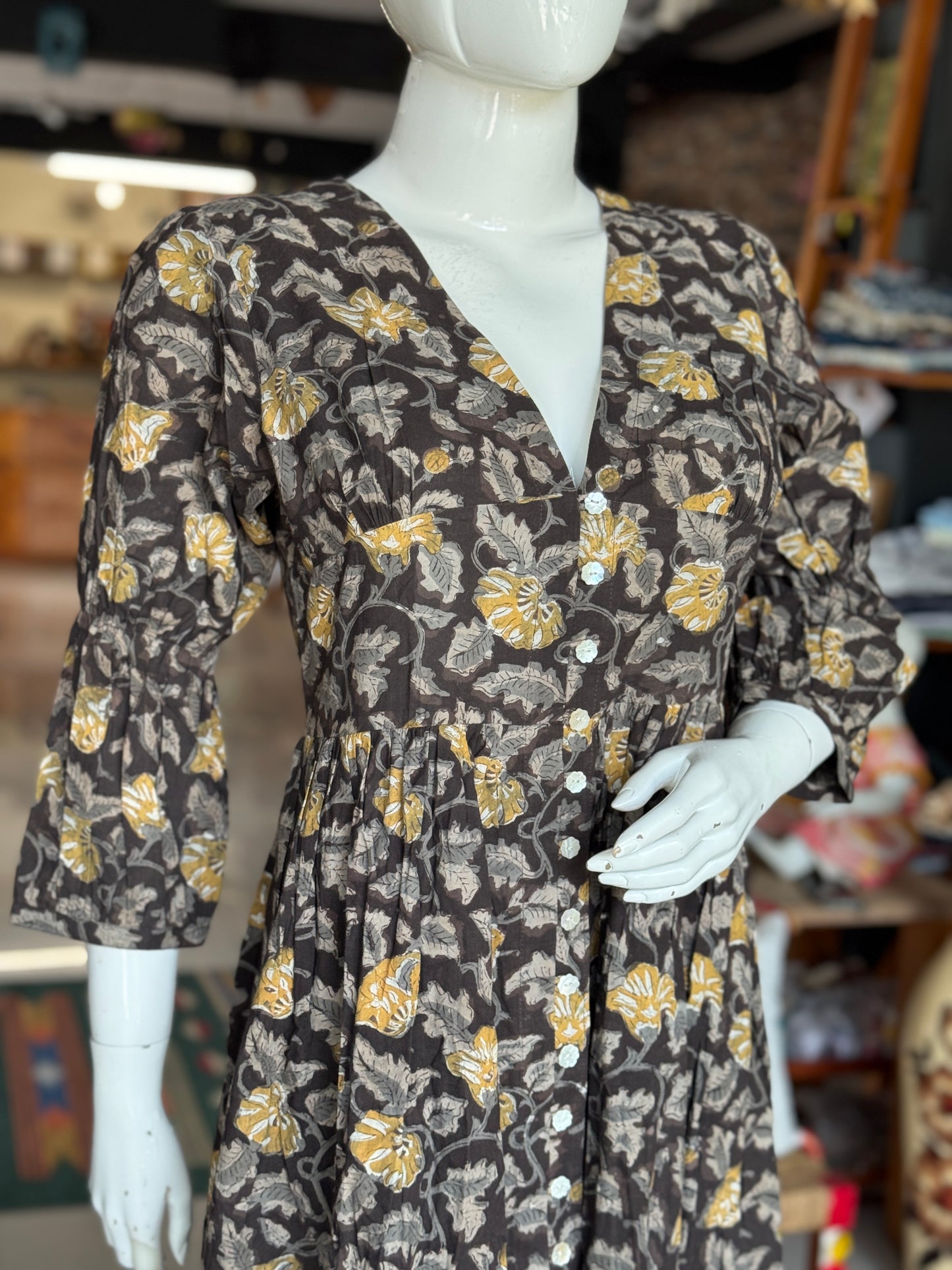 Charcoal mustard floral hand block printed deep v-neck cotton dress