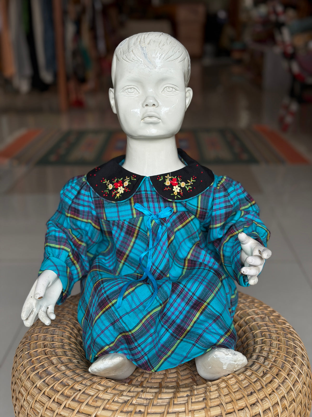 Blue checks long sleeves dress with hand embroidered Peter Pan collar