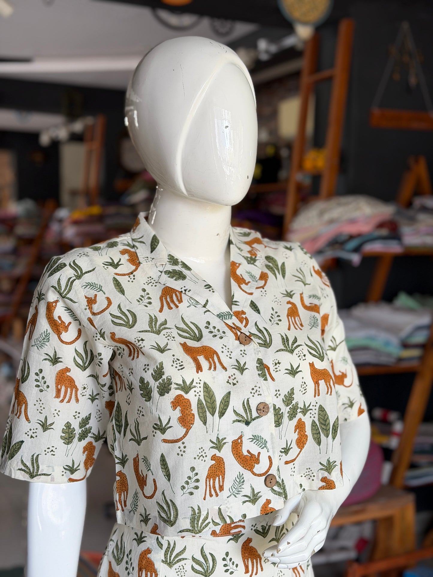 White forest theme Coord set - cotton hand block printed collared crop top and skirt with front slit