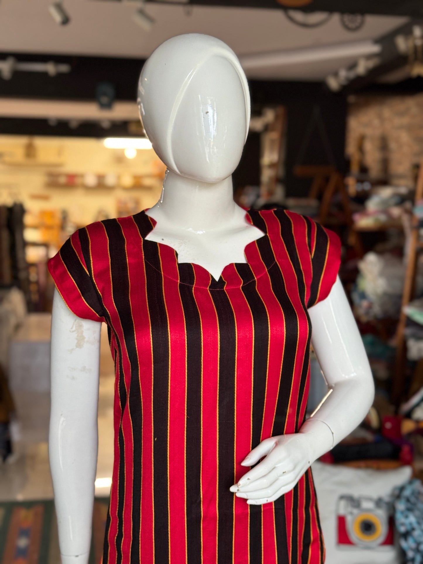 Mashru straight kurti in red and black stripes