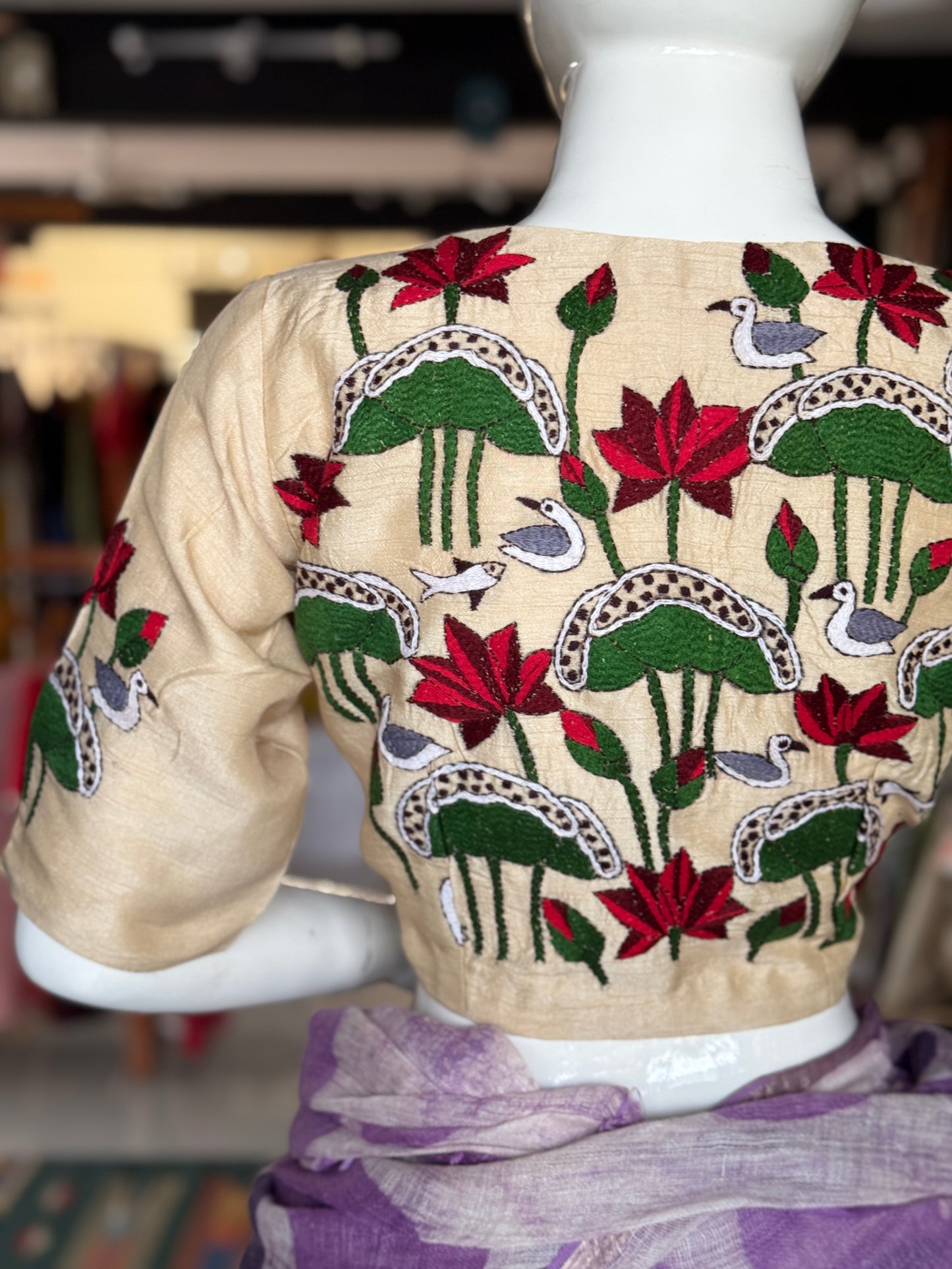 Cream lotus, fish n birds design Kantha hand embroidered silk blouse