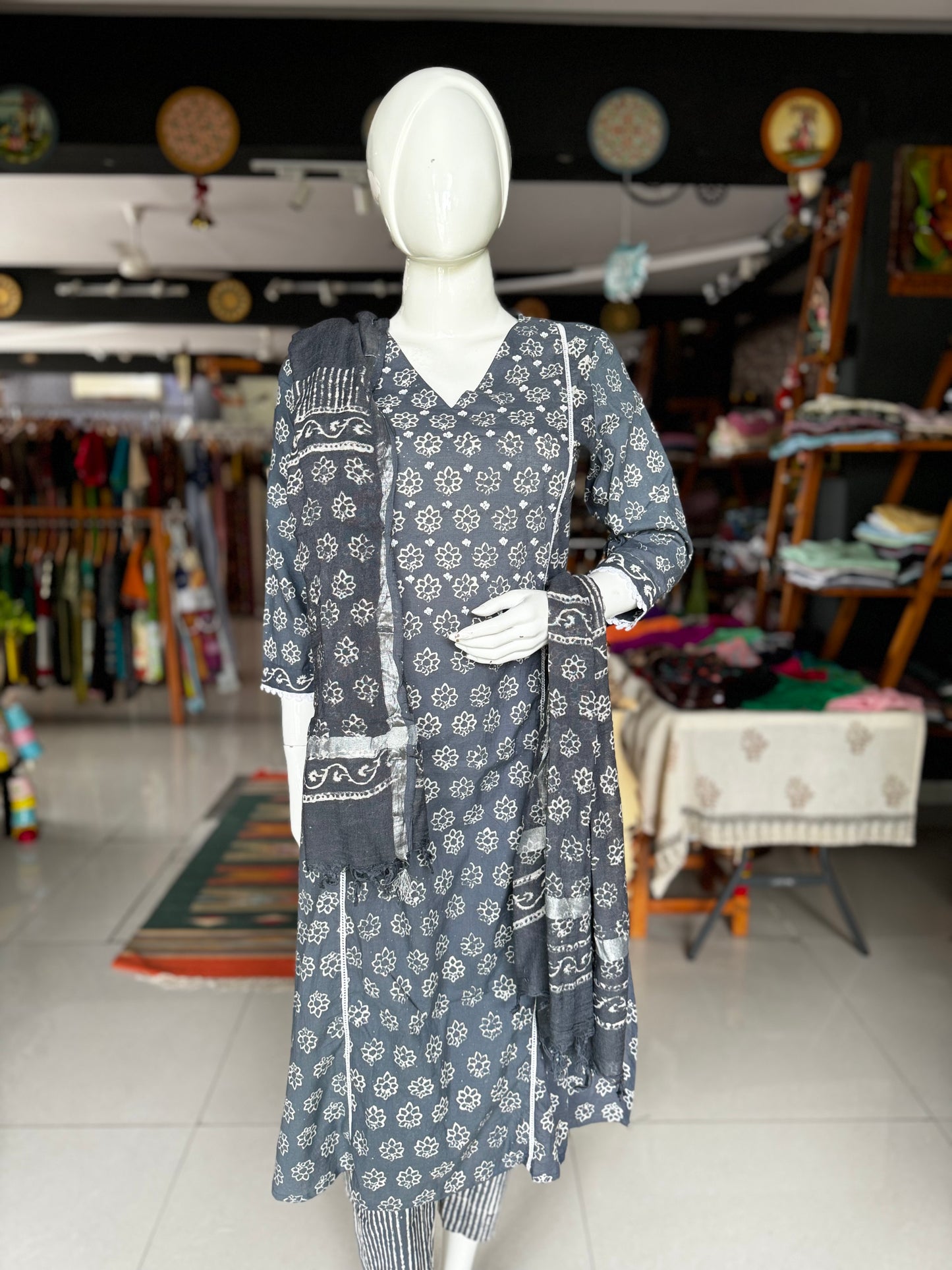 Grey hand block printed cotton straight kurti, pants and dupatta - 3 piece suit set