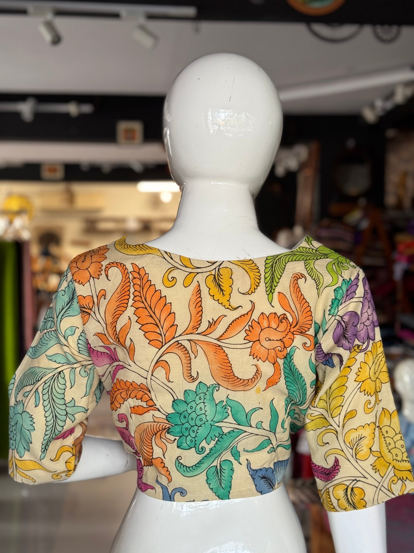 Cream Pen Kalamkari hand painted silk blouse with colorful vines - with elbow sleeves