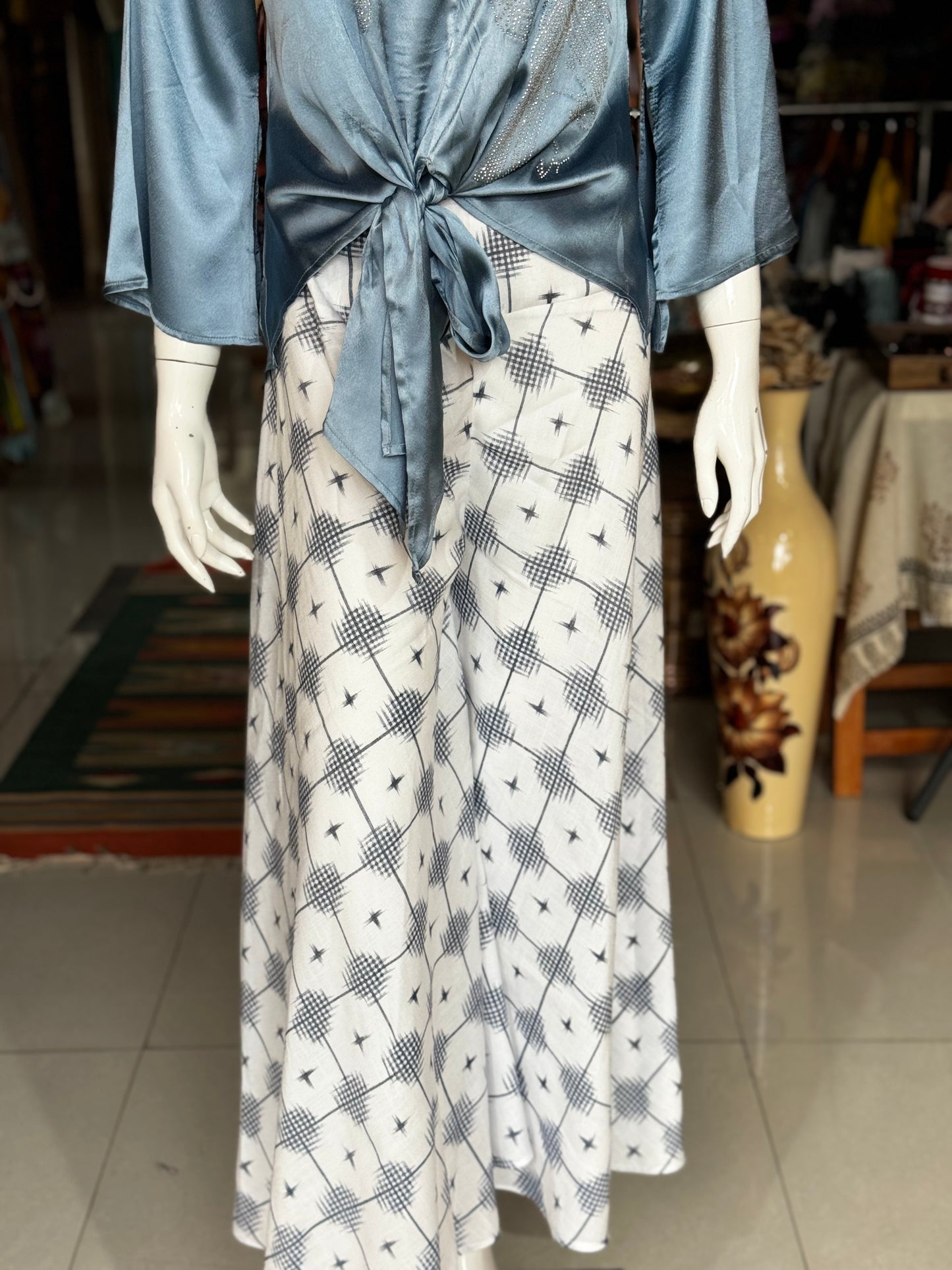 White and blue rayon free sized umbrella style pants