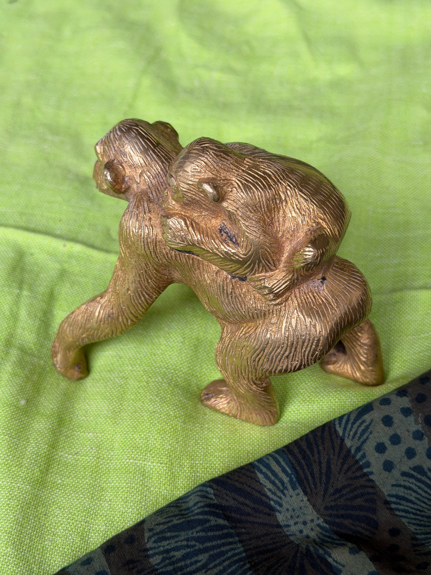 Motherly love - handcrafted brass vintage piece of mom ape carrying child ape on back
