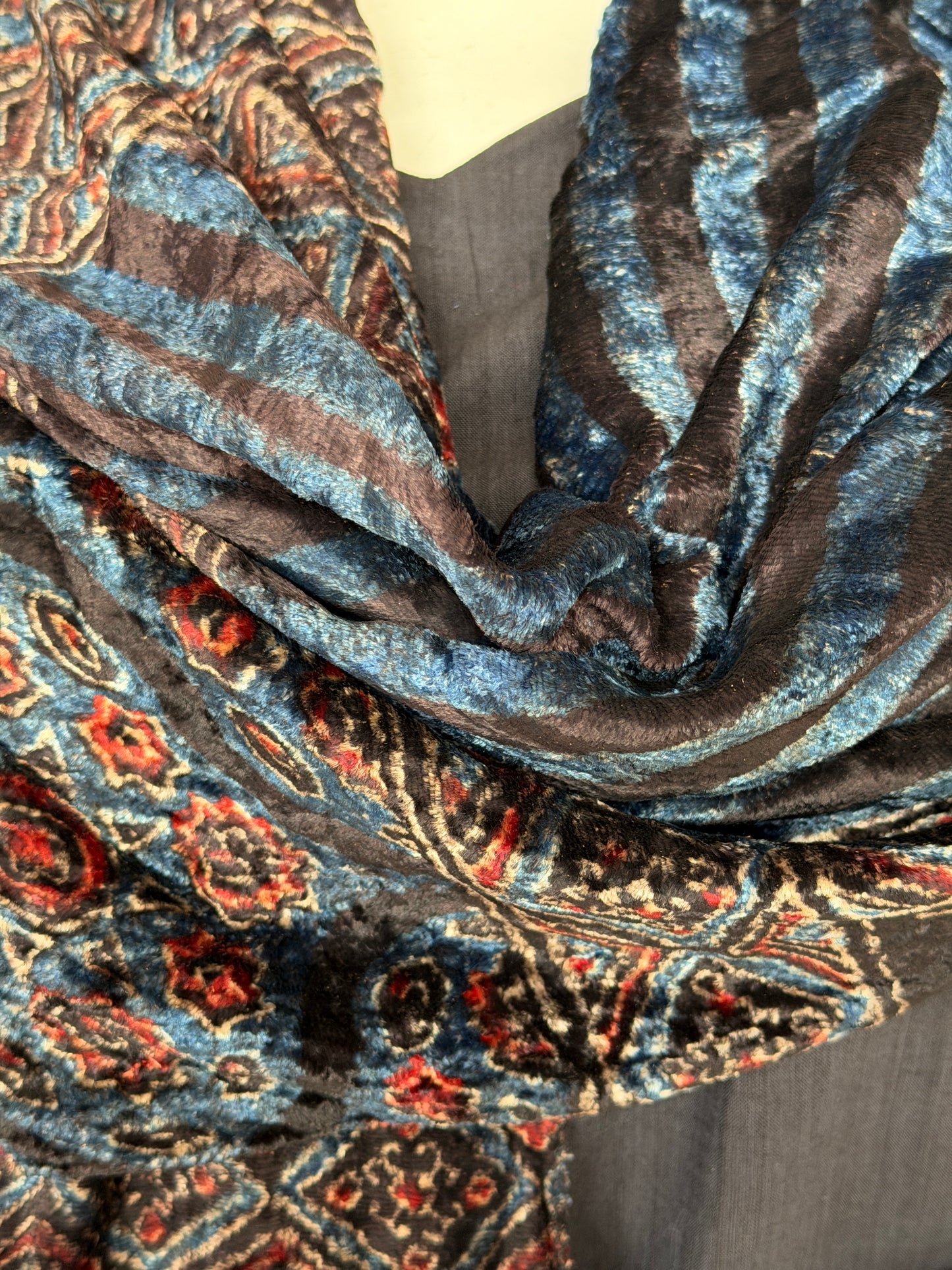 Luxurious Ajrakh hand block printed velvet stole