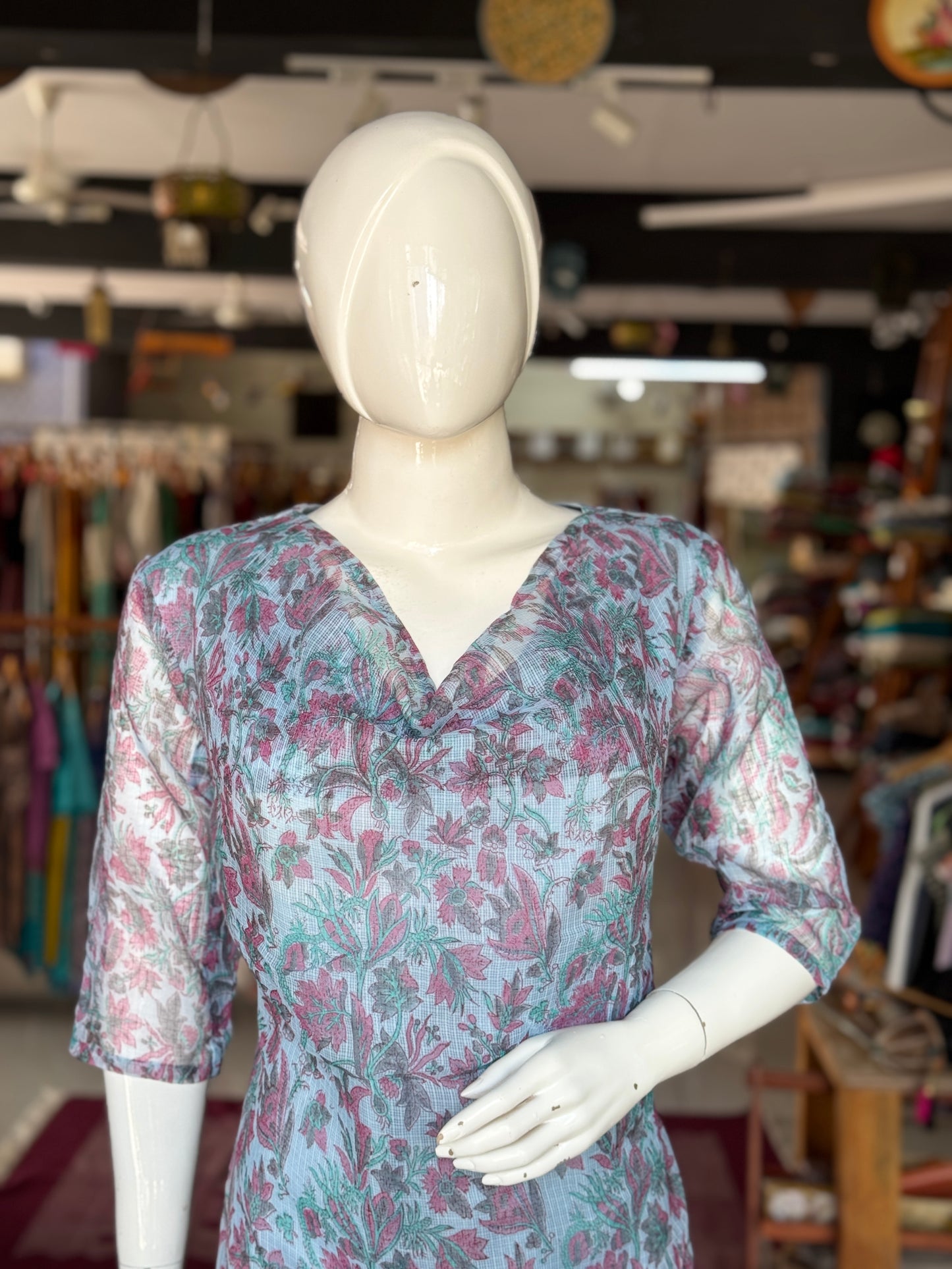 Pastel blue floral hand block printed easy breezy kota cotton dress with cowl neck
