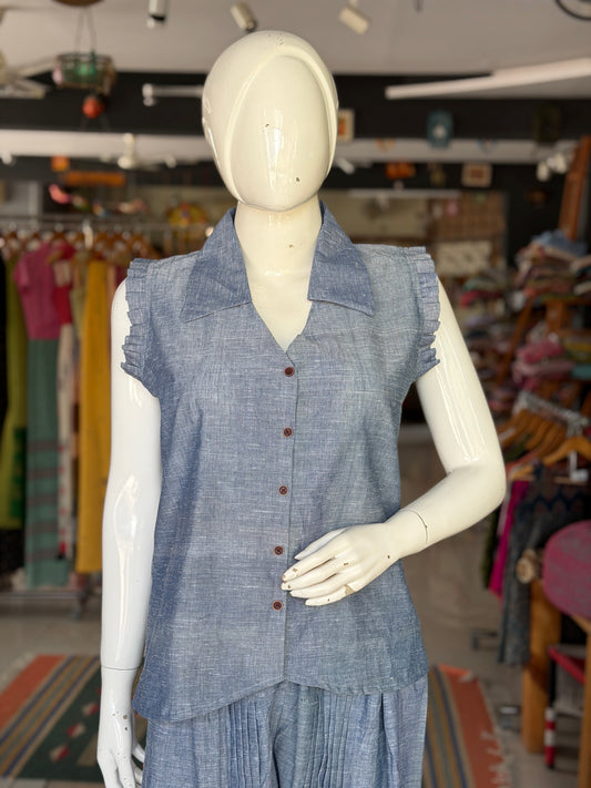 Bluish grey cotton handloom top with collar and frills sleeves - natural dyed