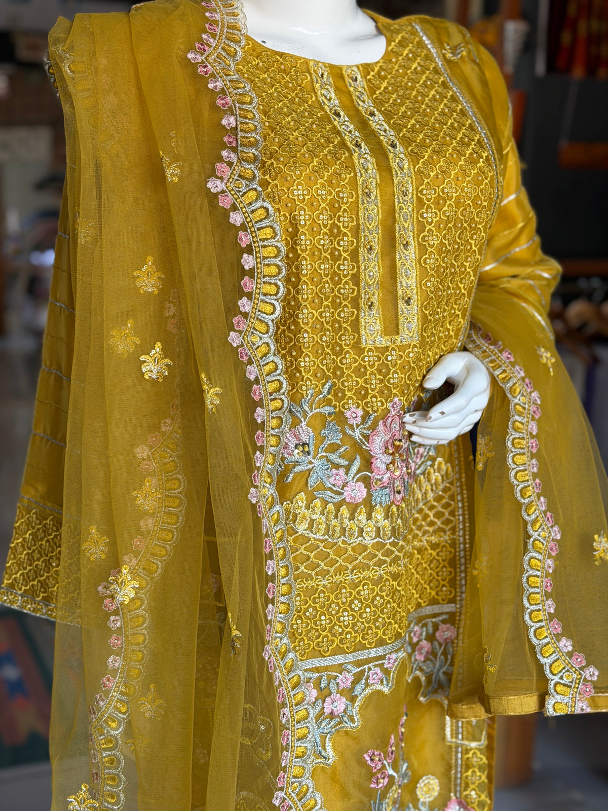 Mustard Yellow organza embroidered short kurti, pants and dupatta - 3 piece set