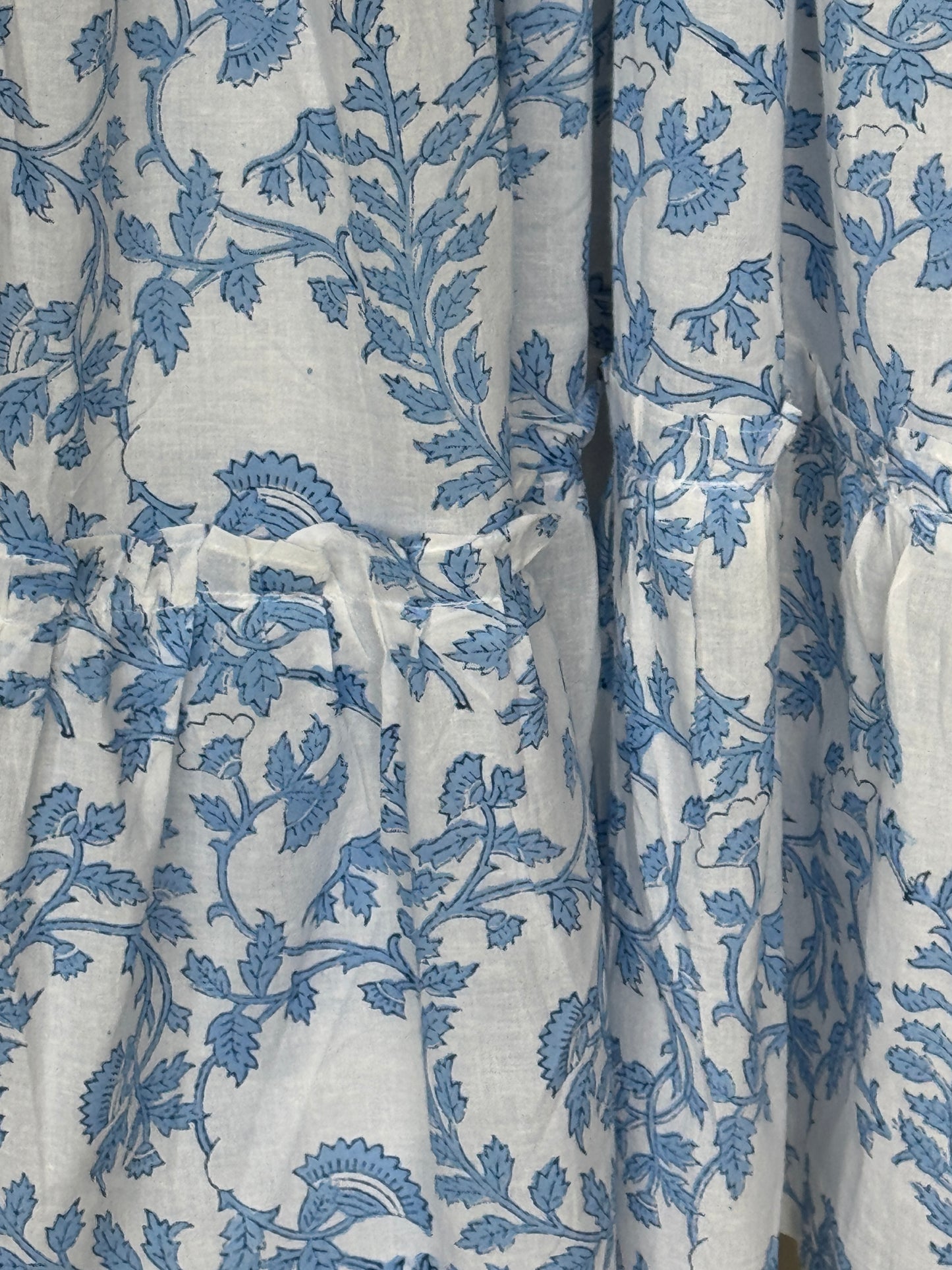 White n blue hand block printed cotton multi tiered dress