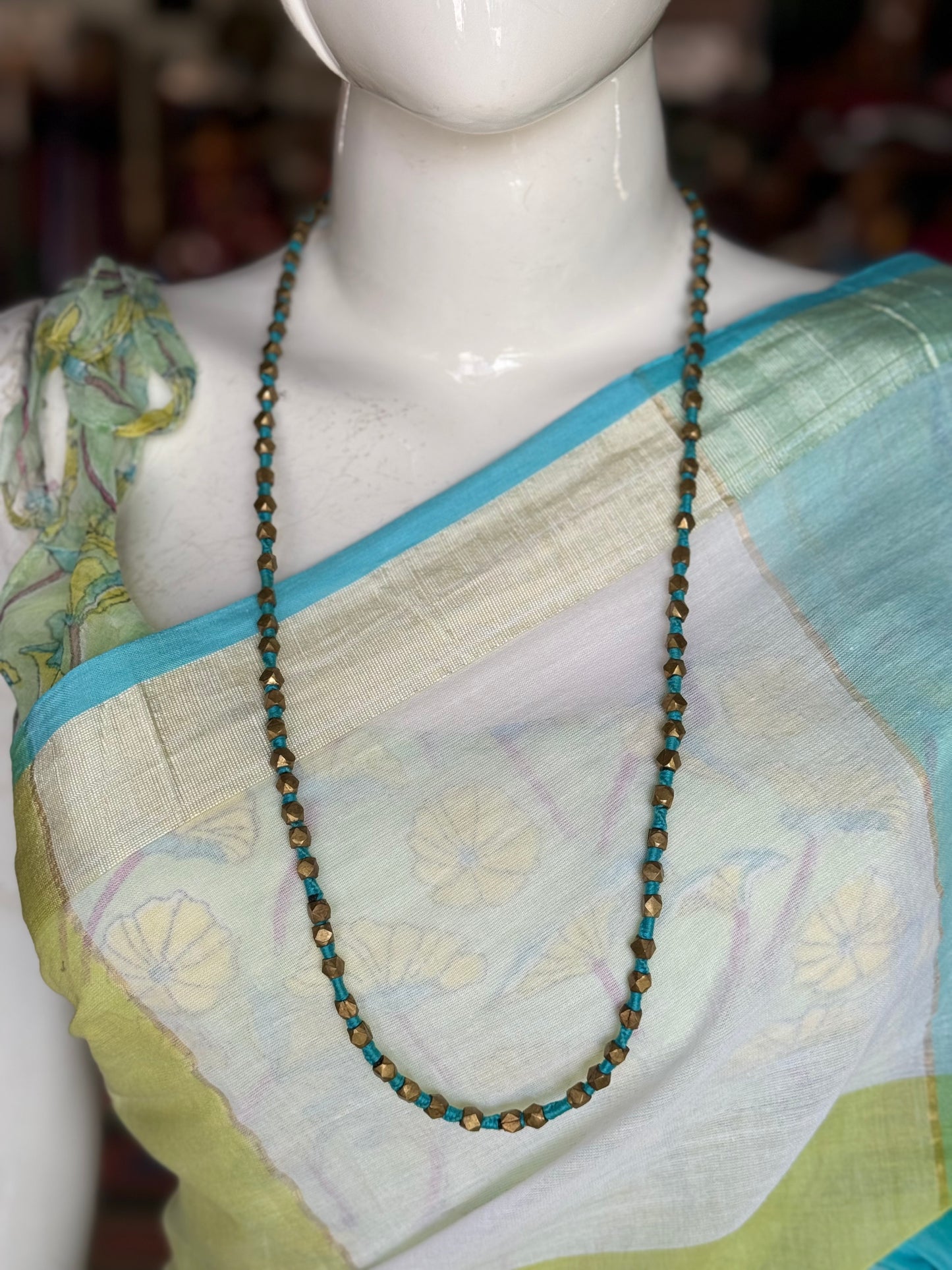 Dokra brass beads with blue thread - neckpiece