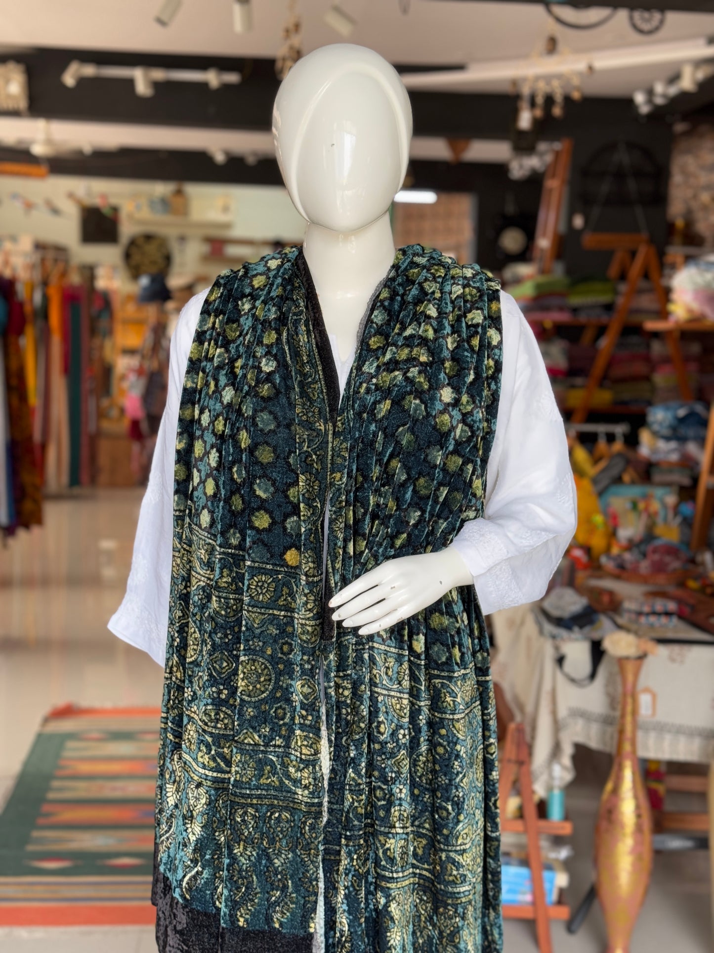 Indigo blue and green luxurious velvet dupatta with hand block Ajrakh prints