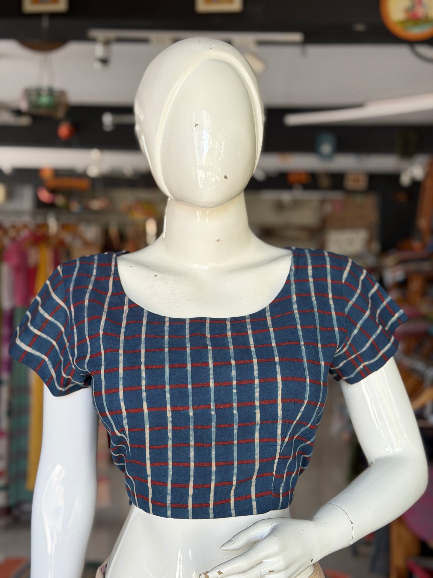 Indigo blue checks Ajrakh handblock printed, natural dyed cotton back open blouse