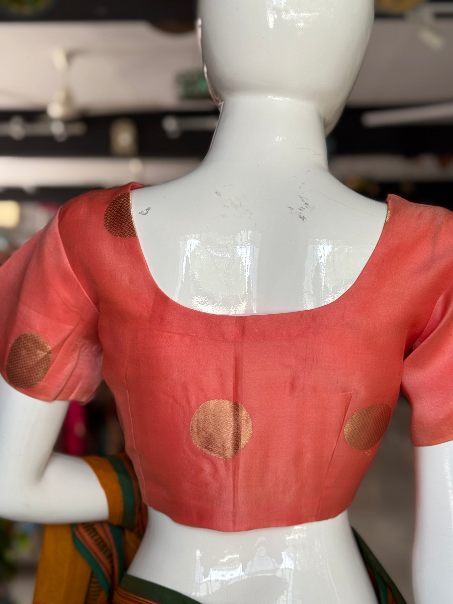 Peach pure silk organza handwoven blouse with gold circle motifs