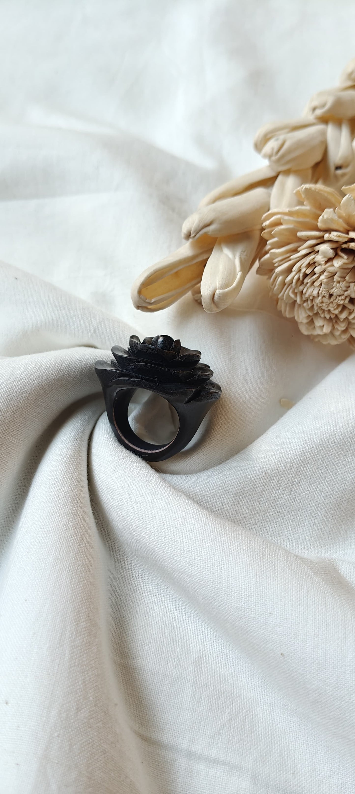 Rose hand carved finger ring in yellow wood - color options available