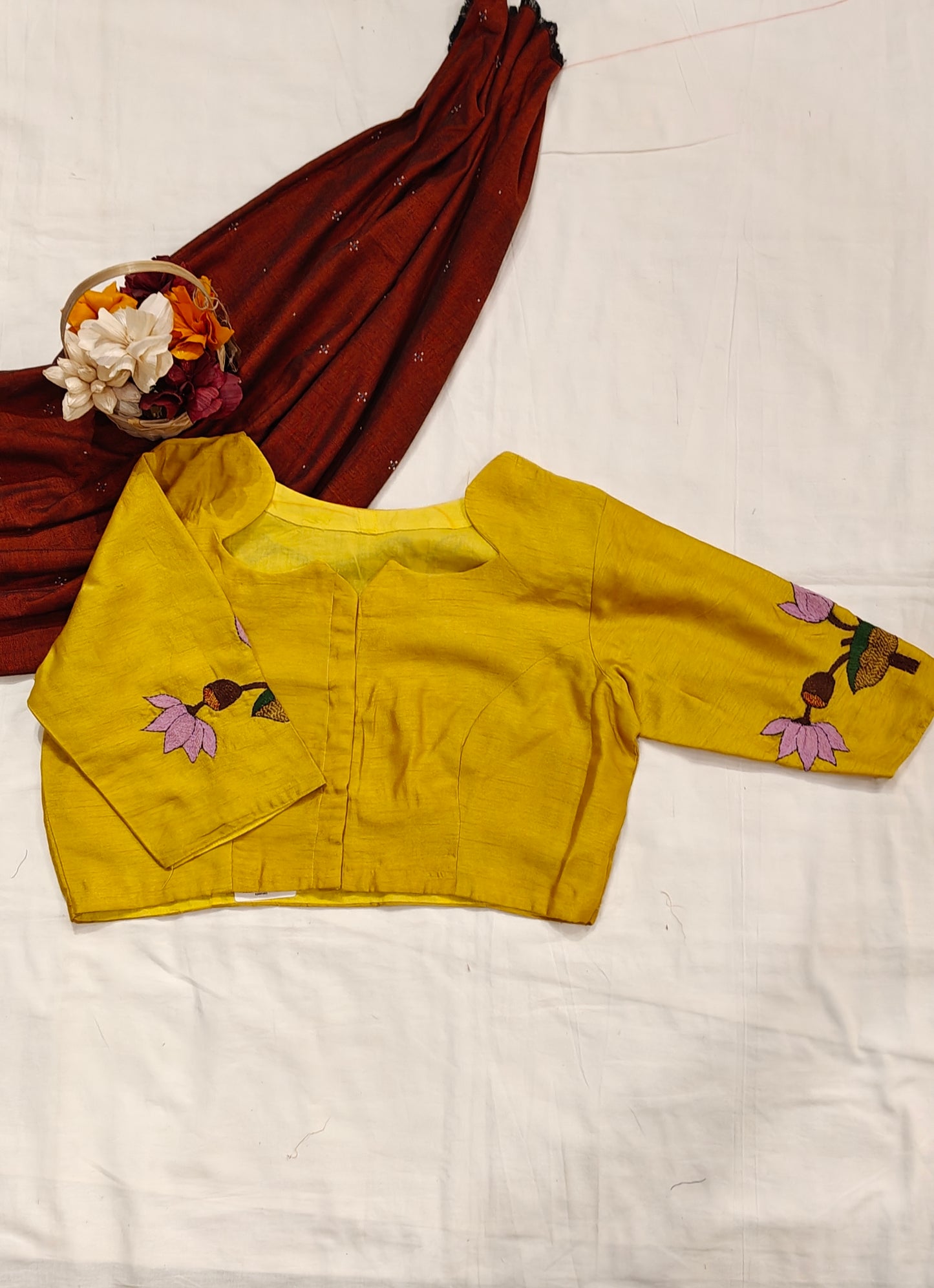 Yellow cow n calf with lotus - Kantha hand embroidered silk blouse