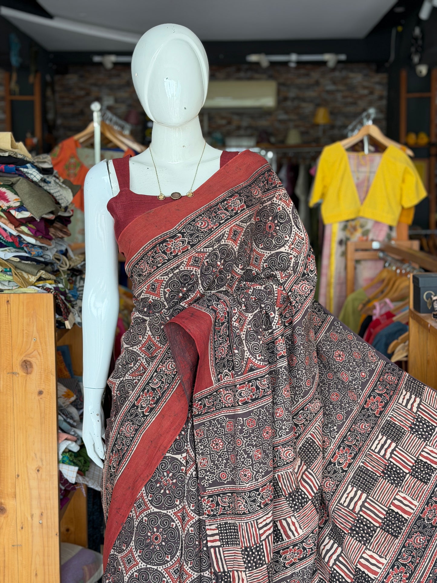 Rust brown and black circles Ajrakh hand block printed 60s cotton saree