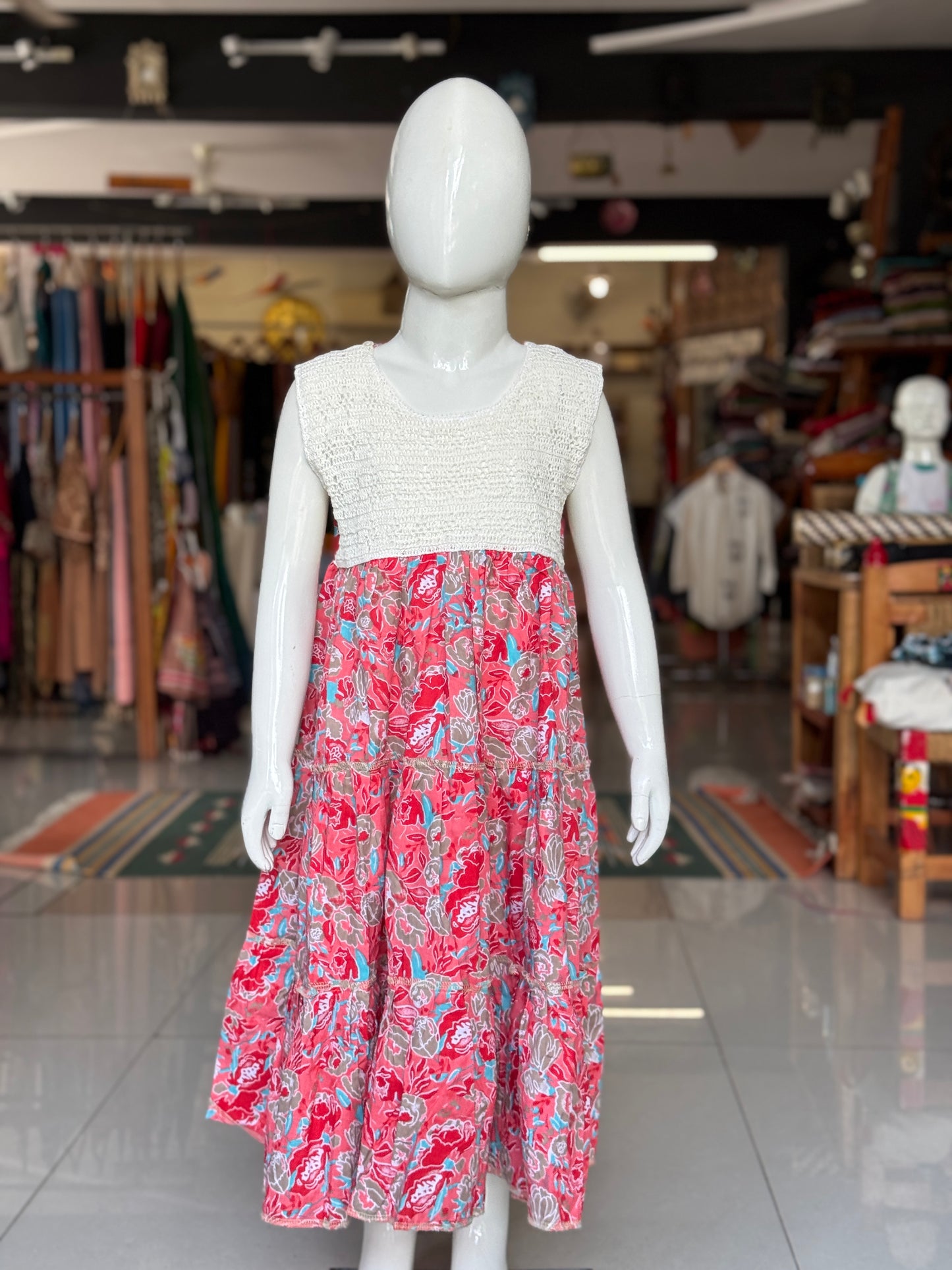 Tiered hand block printed cotton frock with crochet yoke for girls