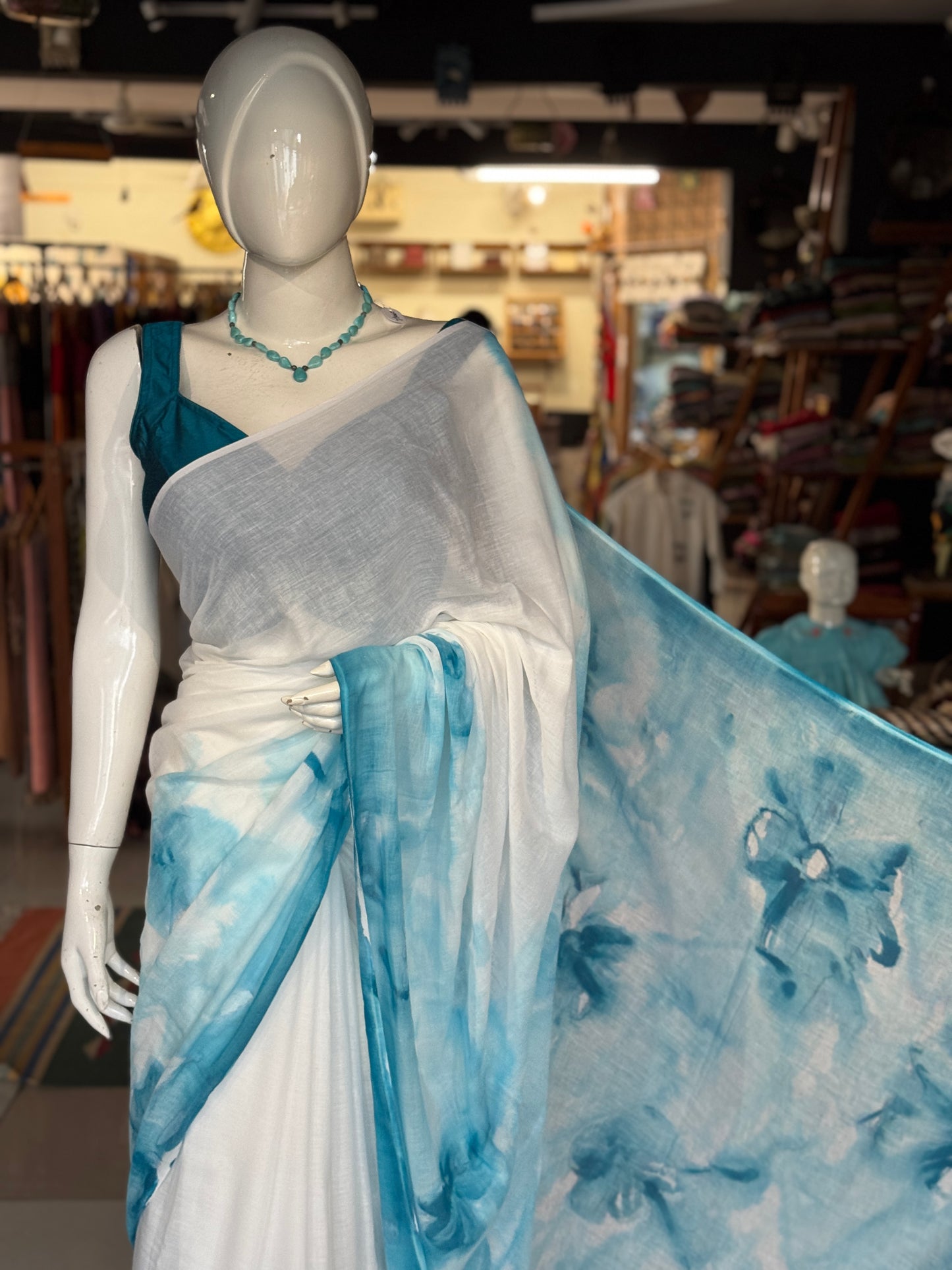 White and blue floral design water colors hand painted soft mul cotton saree