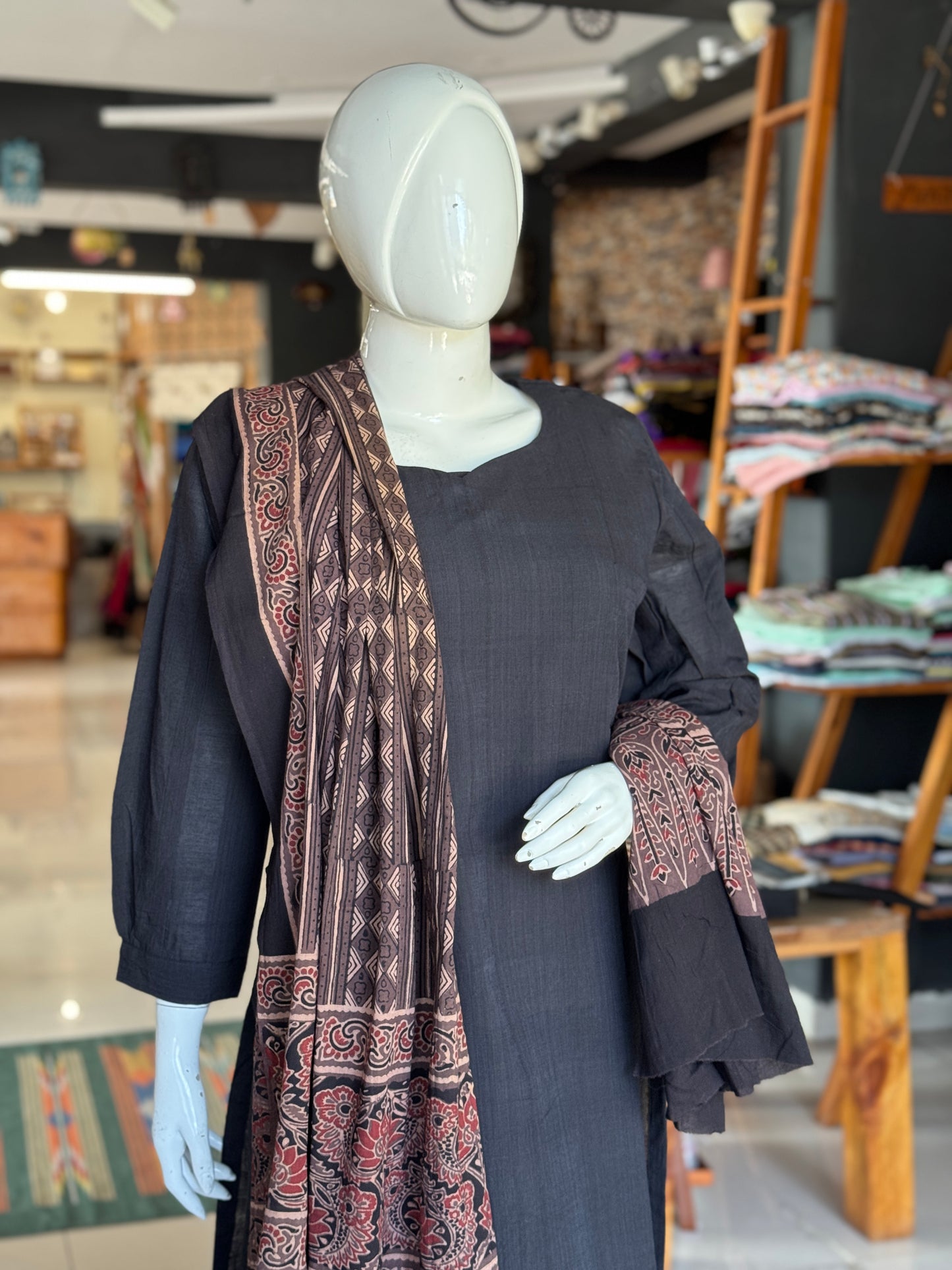 Understated elegance - Ajrakh natural dyed, hand block printed cotton dupatta n pants with handwoven plain mangalagiri cotton kurta - 3 piece suit set