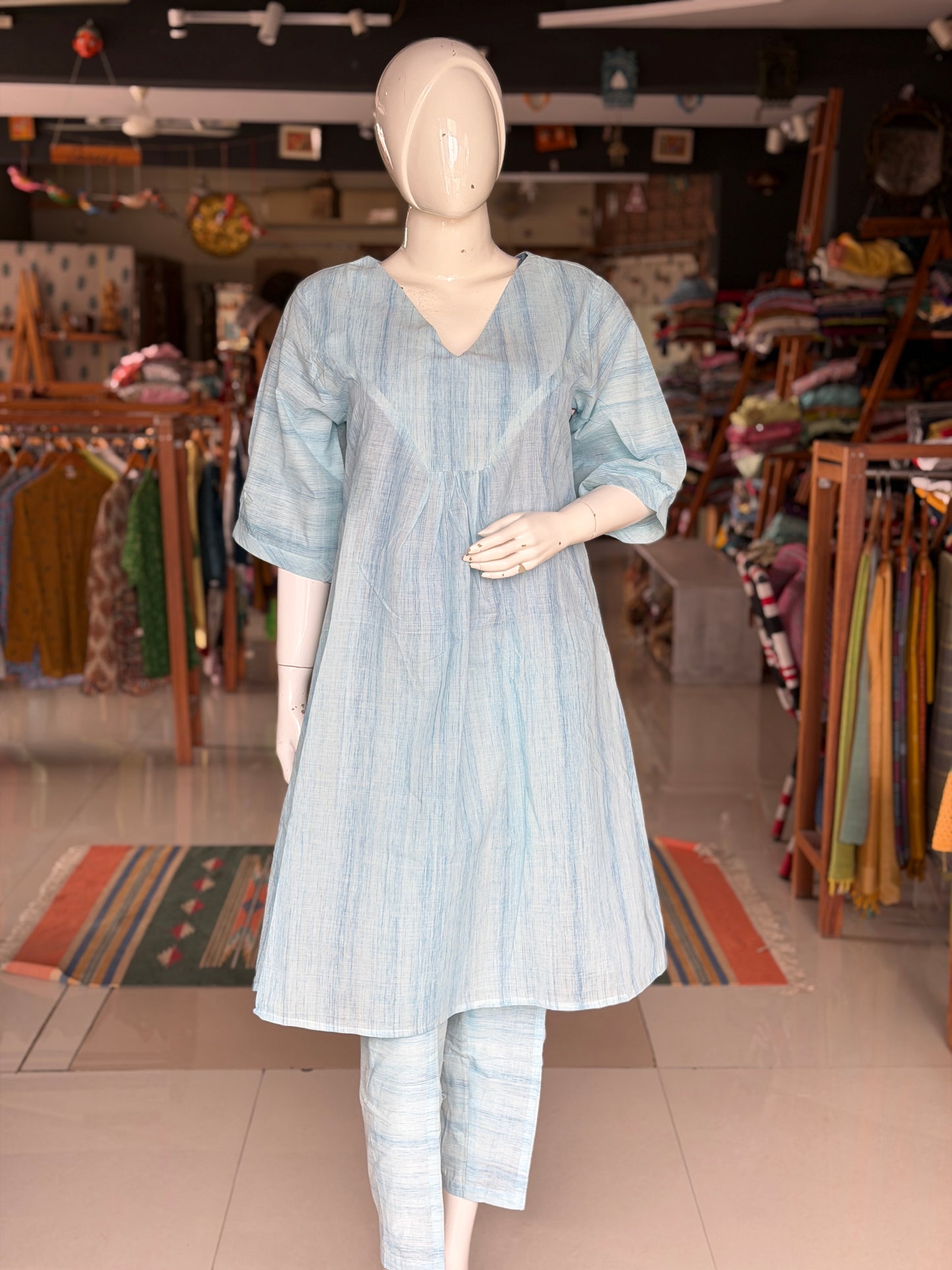 Light blue brush print handloom cotton kurti n pants coord set - 2 piece set