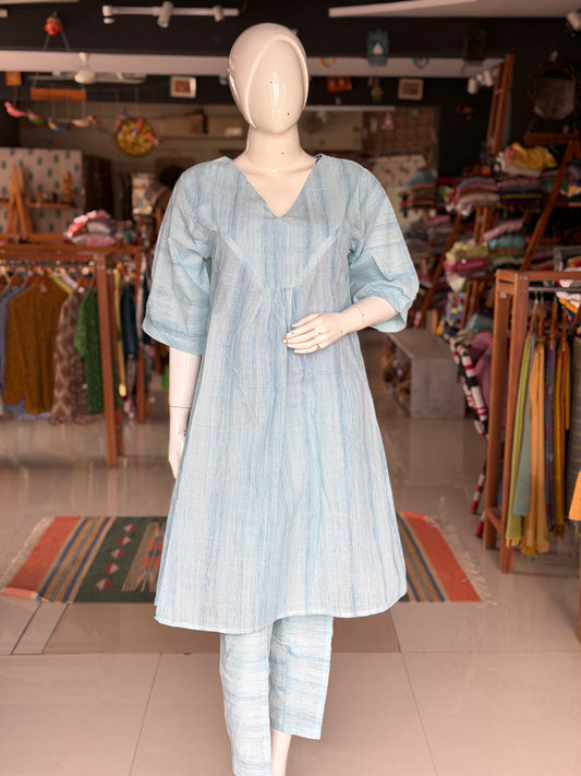 Light blue brush print handloom cotton kurti n pants coord set - 2 piece set