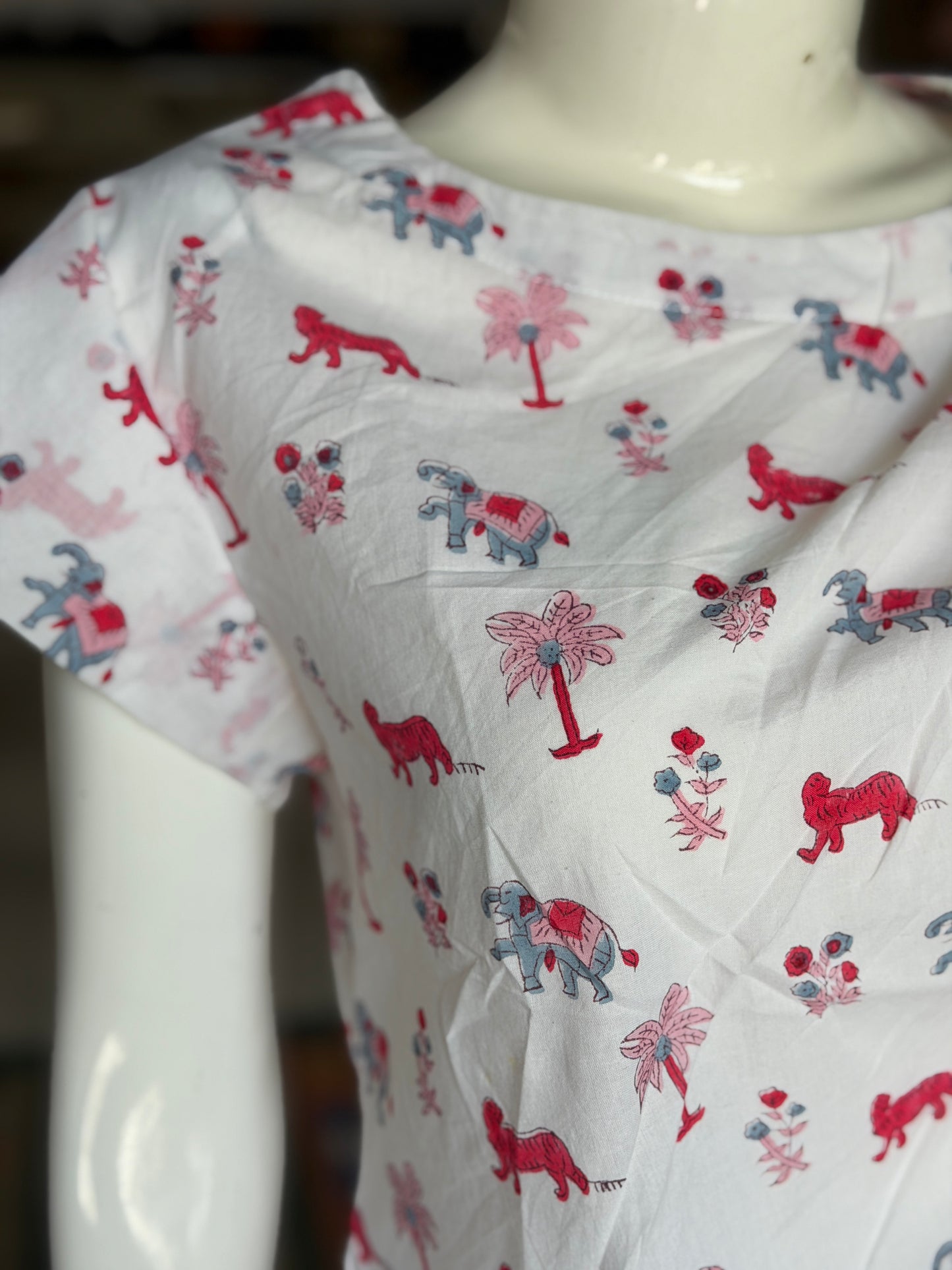 White animal print cotton top - hand block printed with asymmetric pleats
