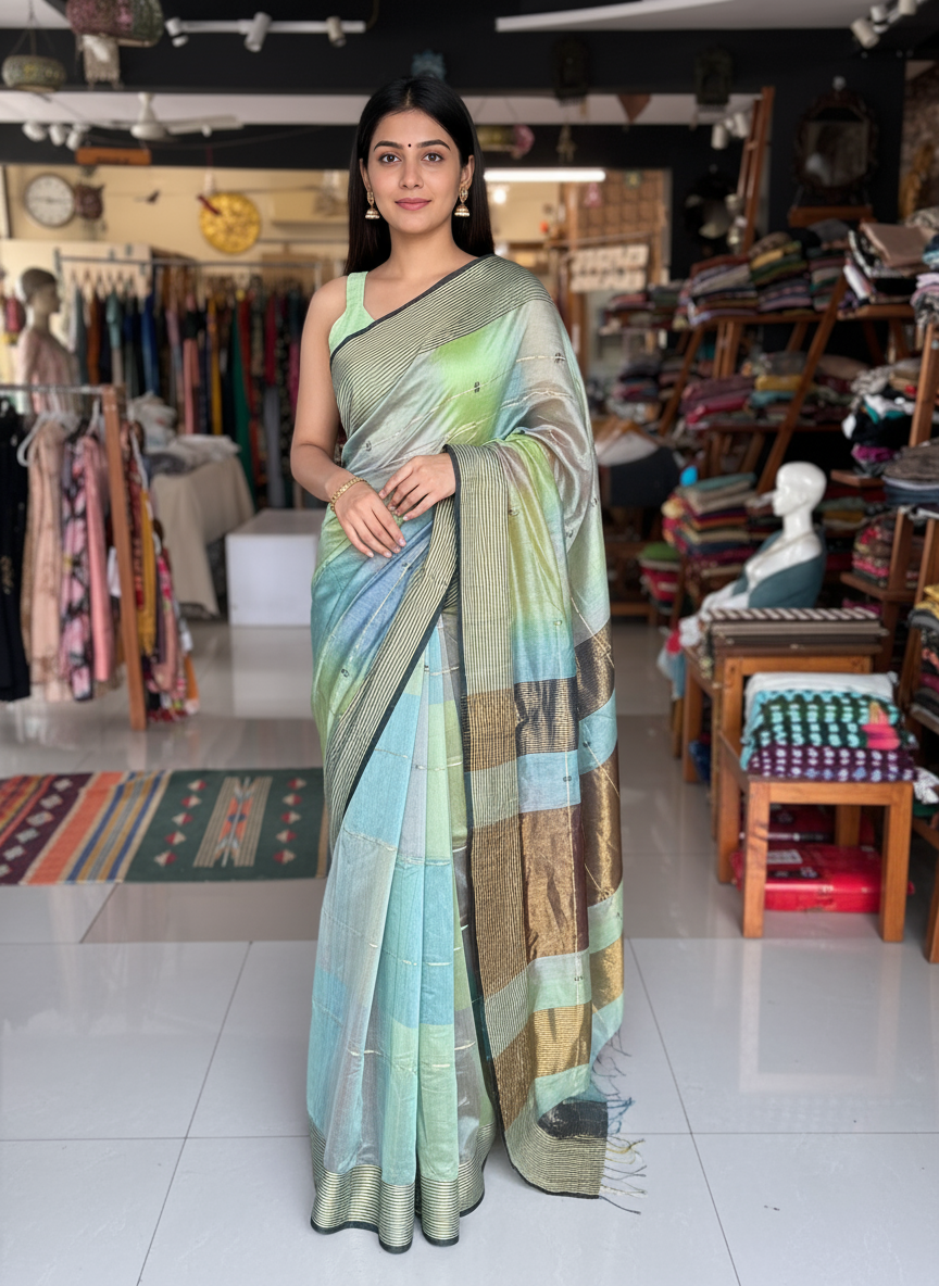 Multi color star buti stripes silk cotton Maheshwari handloom saree