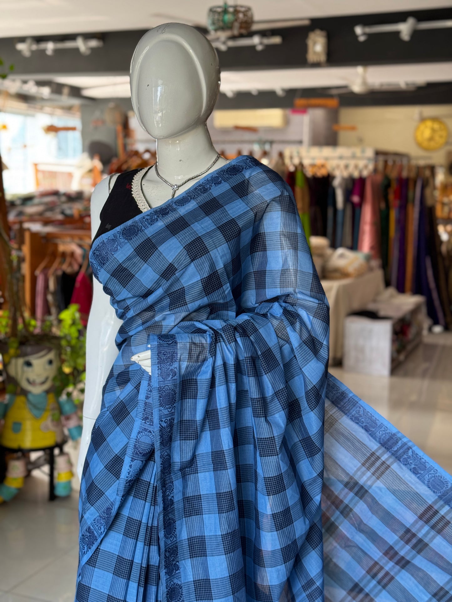 Shades of blue checks Chettinad cotton handloom saree