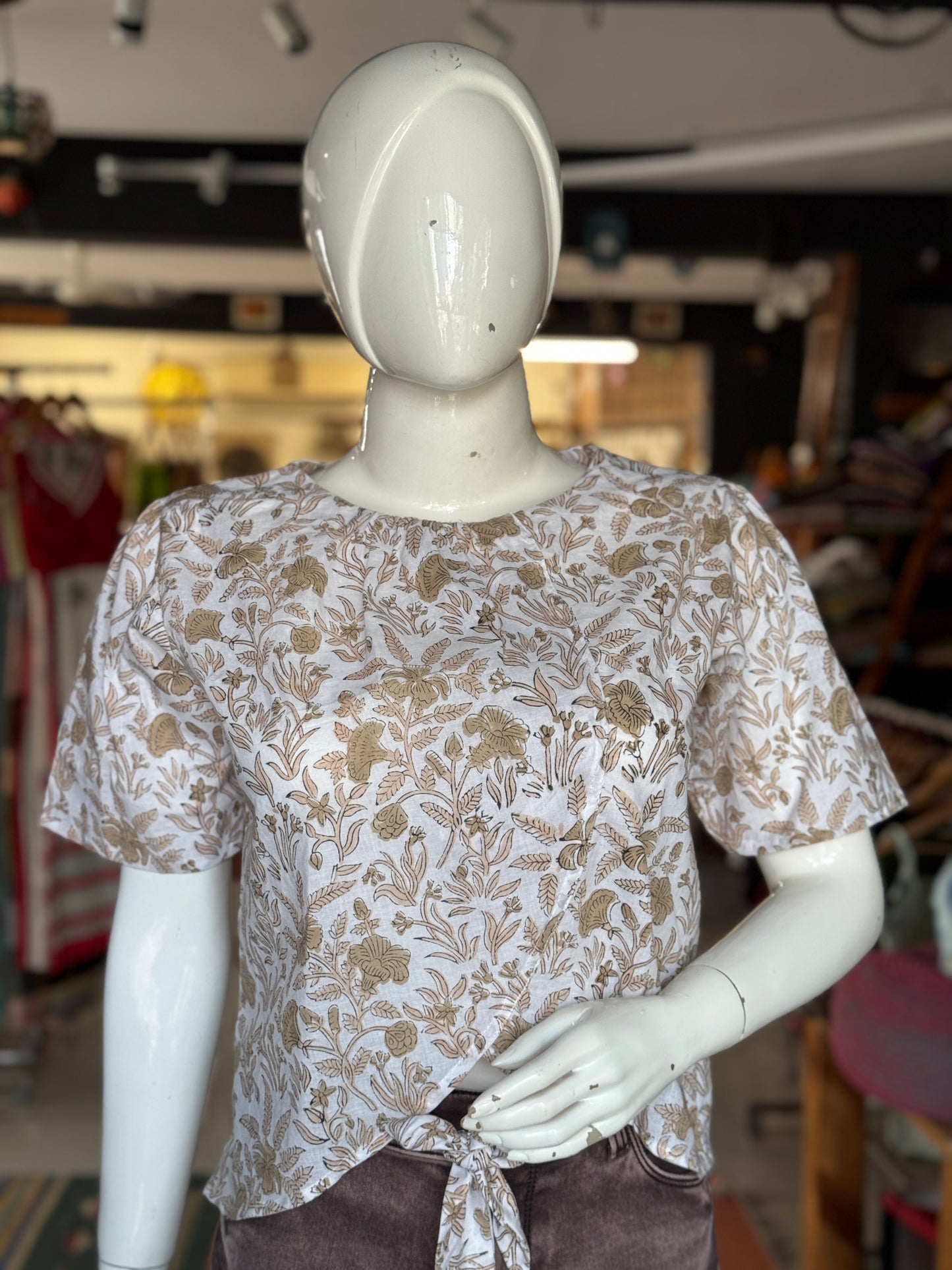 White and brown hand block printed cotton top with curved front