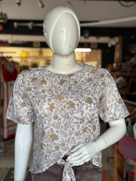 White and brown hand block printed cotton top with curved front