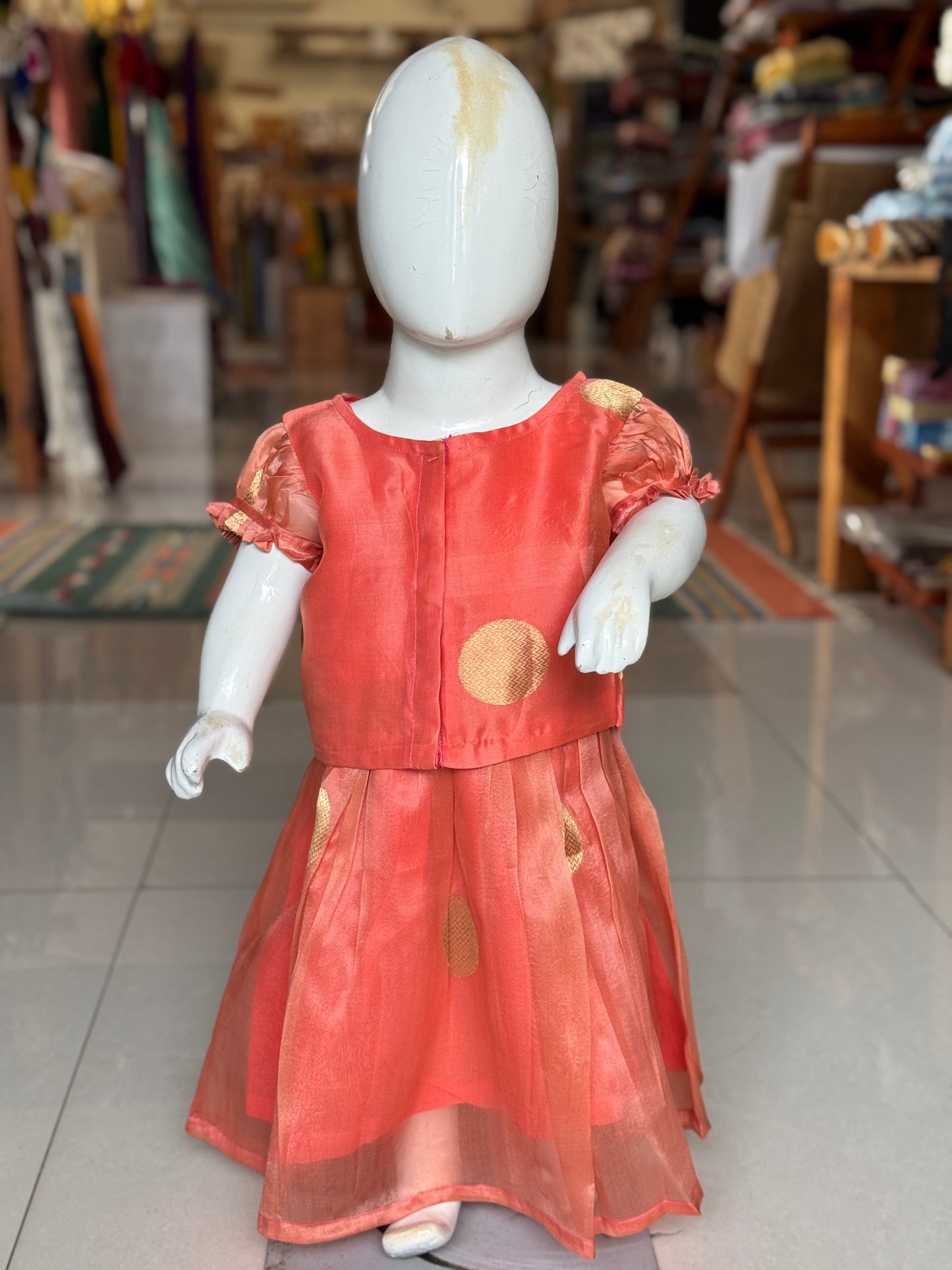 Peach organza handwoven pure silk lehenga (pattu langa jacket) blouse set