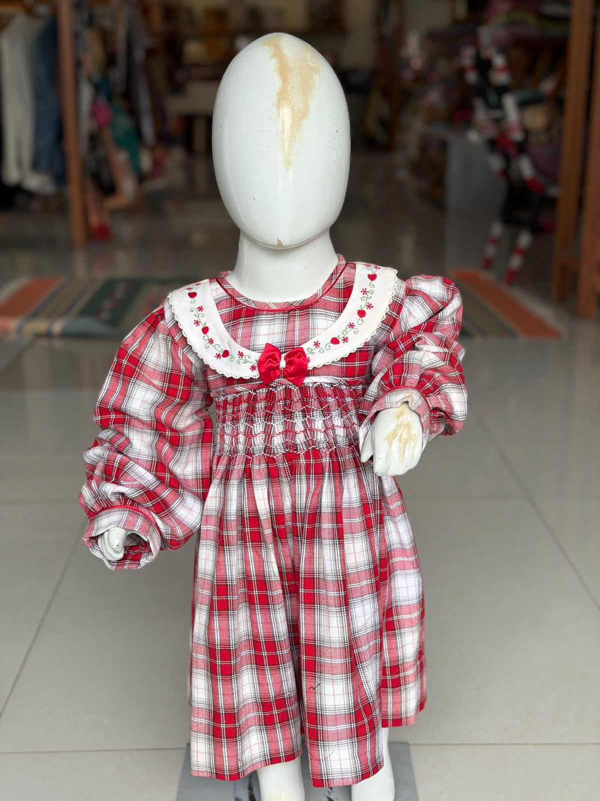 Red and white checkered embroidered smocking frock for girls with long sleeves