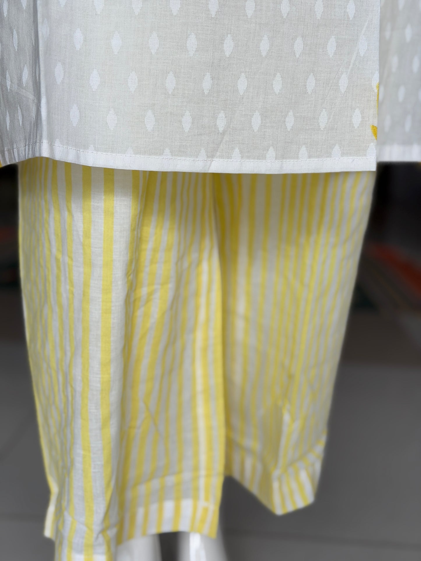 Lime n lemony white cotton 3 piece set - straight kurti, pants and dupatta