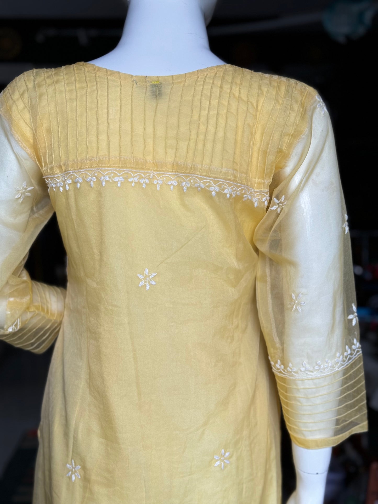 Yellow chikankari hand embroidered organza kurta