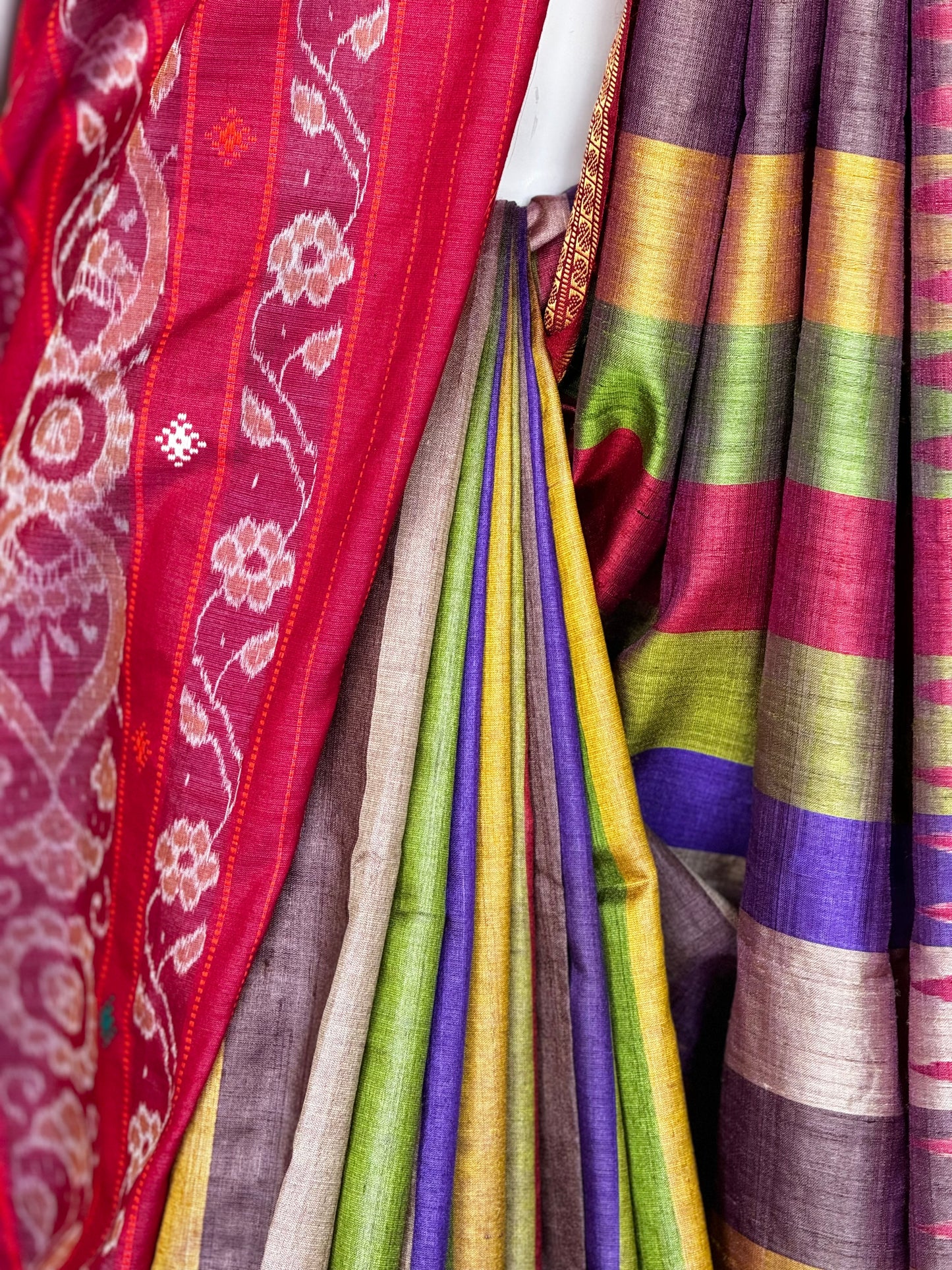 Colourful stripes tussar silk handloom saree with Ikat and hand motifs pallu