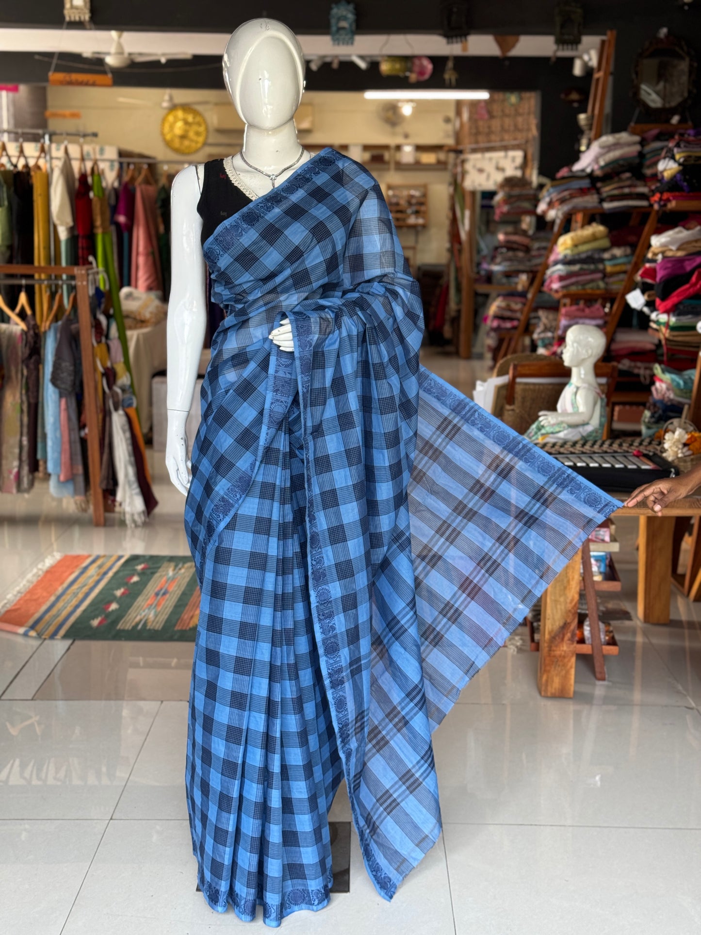 Shades of blue checks Chettinad cotton handloom saree