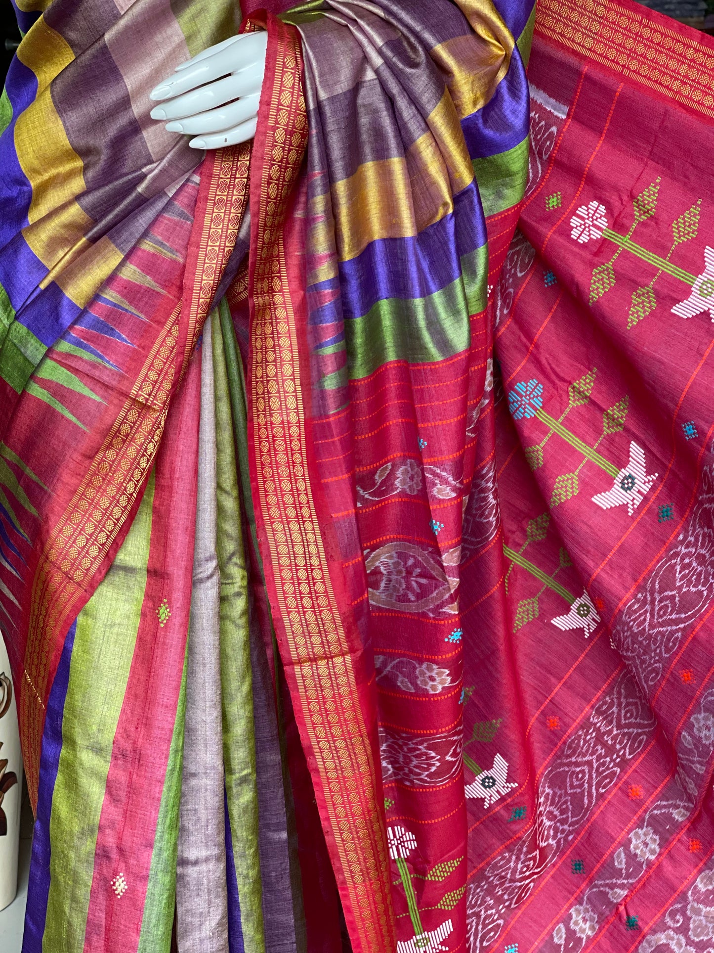 Colourful stripes tussar silk handloom saree with Ikat and hand motifs pallu