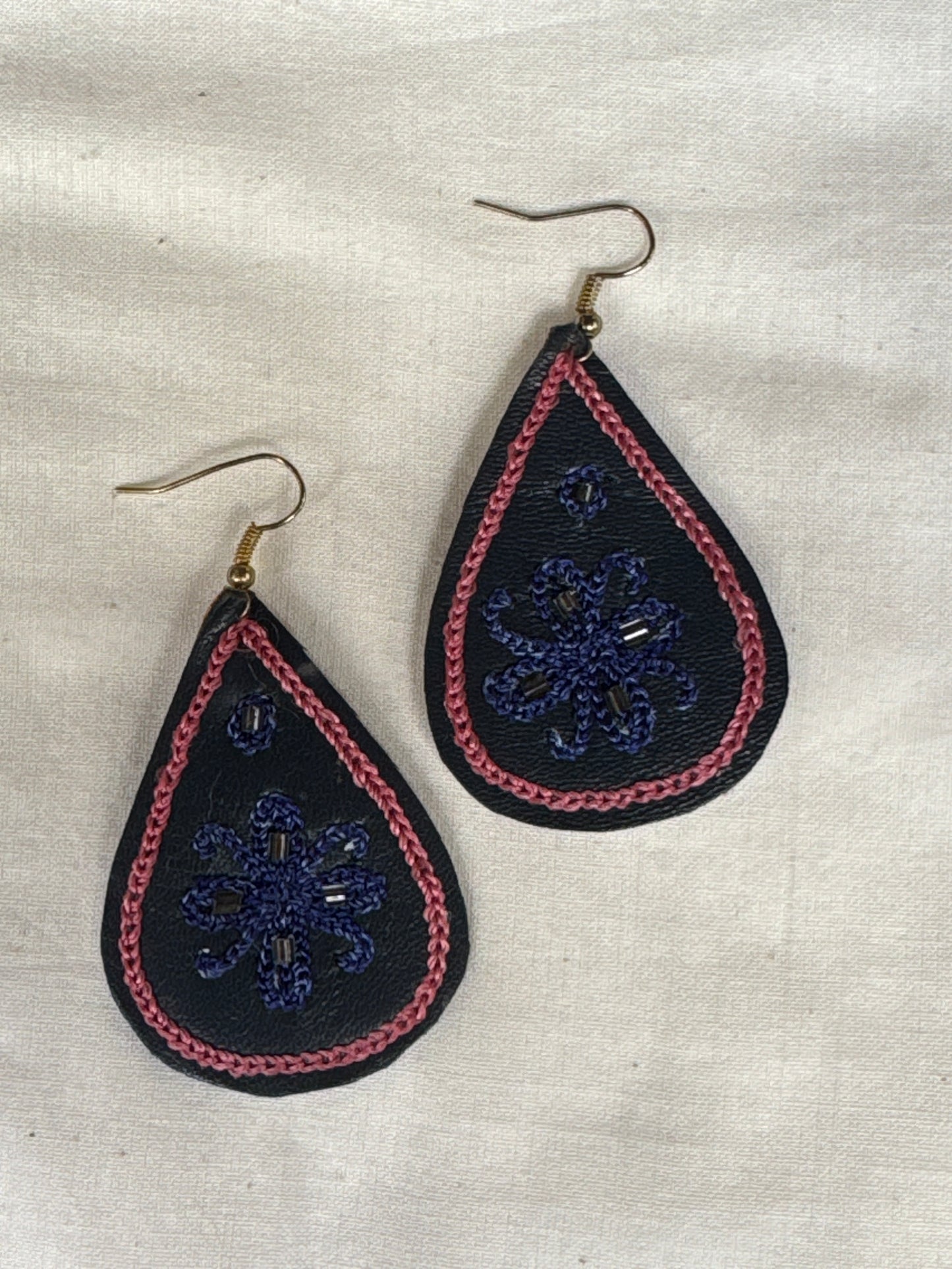 Leather with hand embroidery light weight earrings - shapes, designs and color choice available