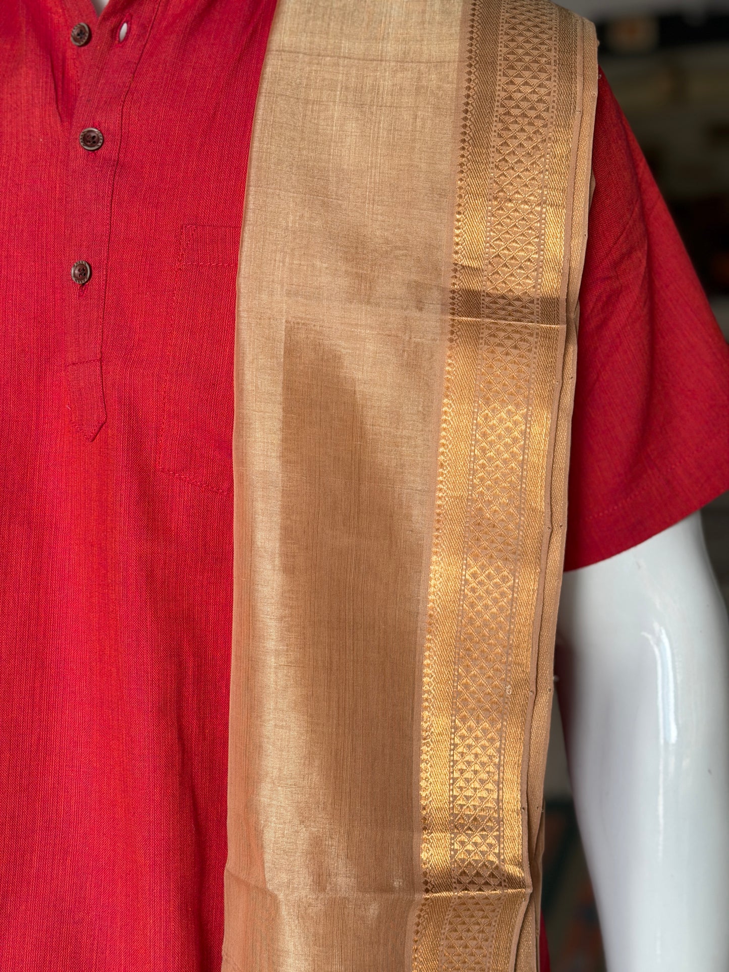 Golden beige dhoti set with zari borders for men - Mangalagiri Handloom silk cotton pancha kanduva set
