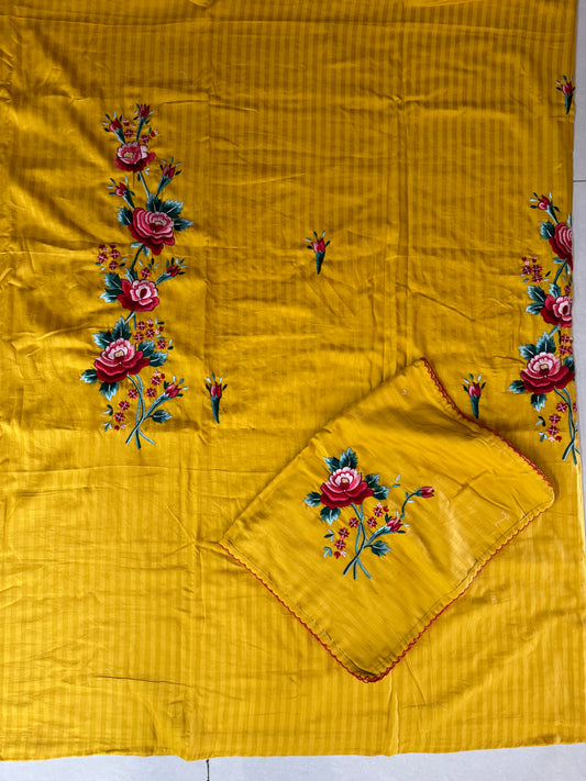 Mustard super king size embroidered bed cover with 2 pillow cases