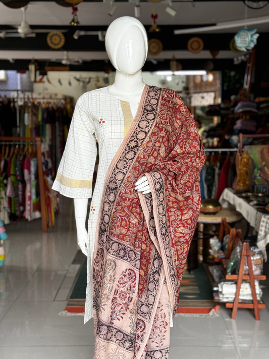 Maroon cotton kalamkari handblock printed dupatta with natural dyes